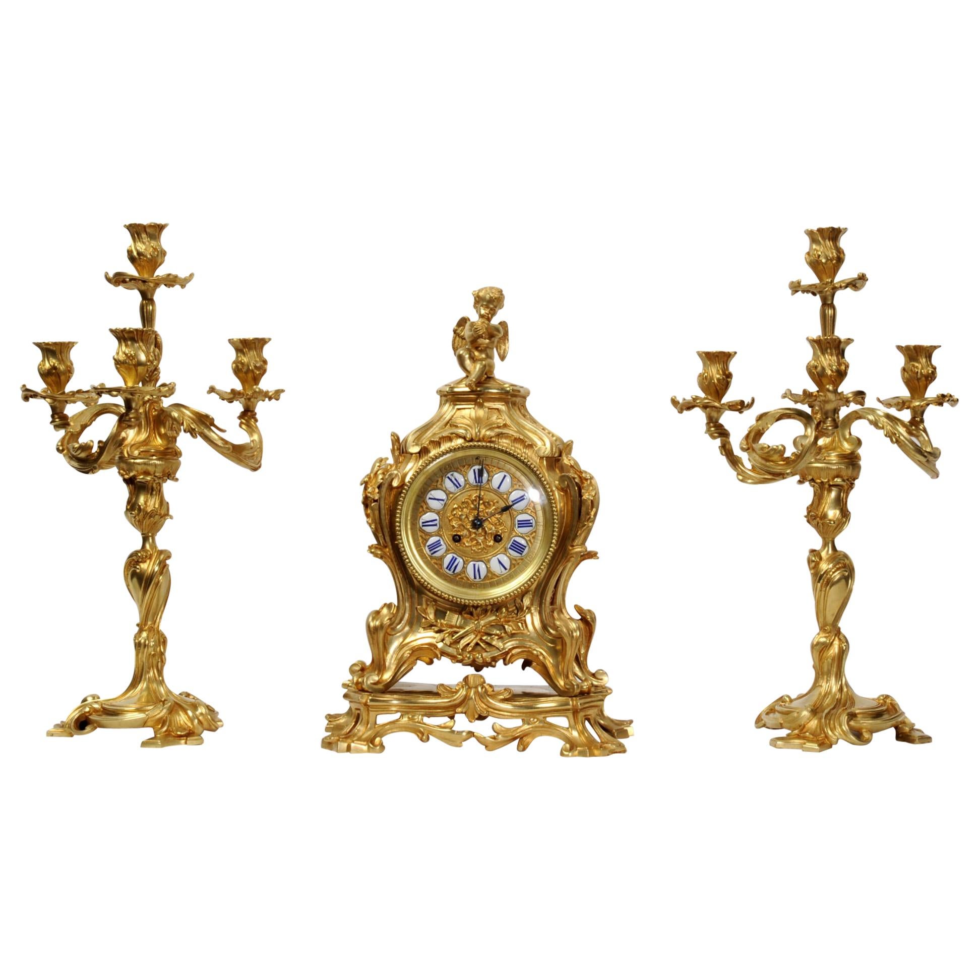 Magnificent Antique French Rococo Clock Set After Meissonnier