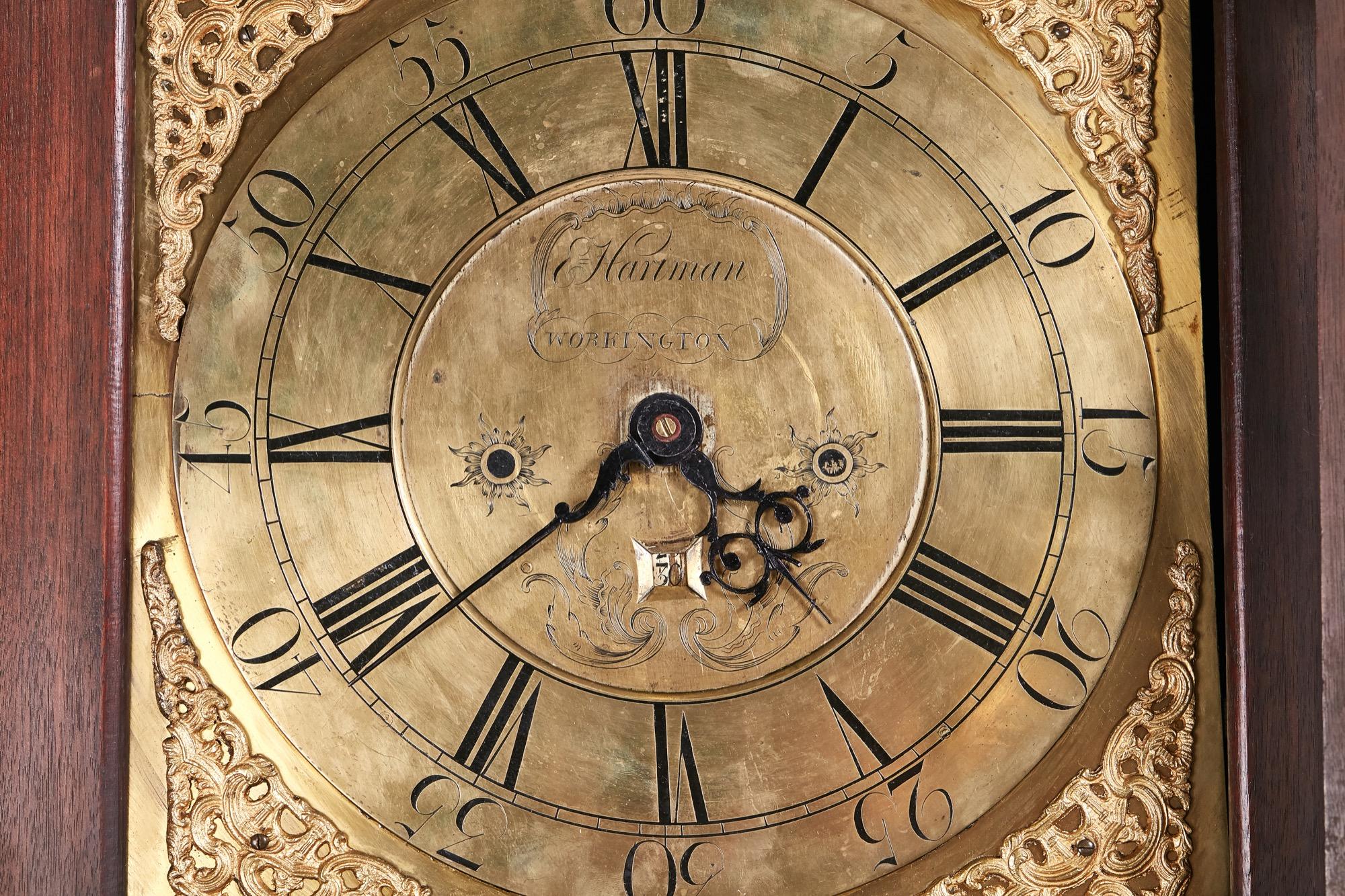 18th Century Magnificent Antique George II Brass Face Red Walnut Longcase Clock For Sale