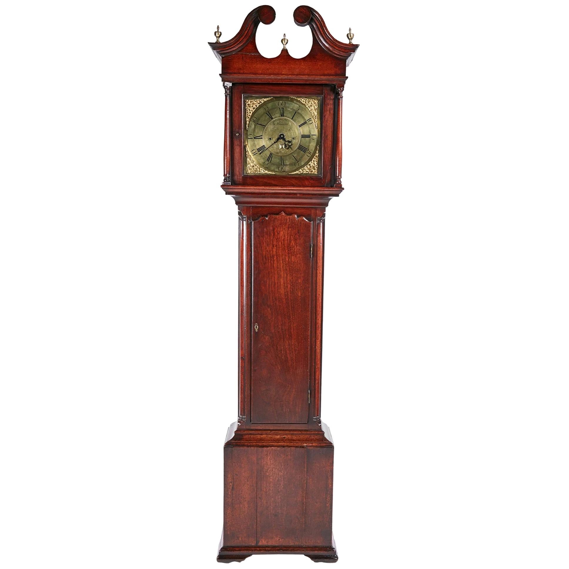 Magnificent Antique George II Brass Face Red Walnut Longcase Clock For Sale