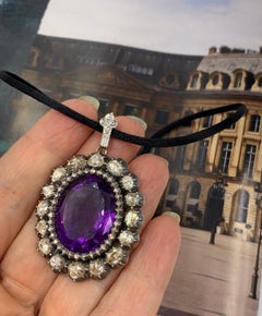 Magnifico ciondolo antico georgiano con diamante taglio rosa 6TCW e ametista 26,3 TCW