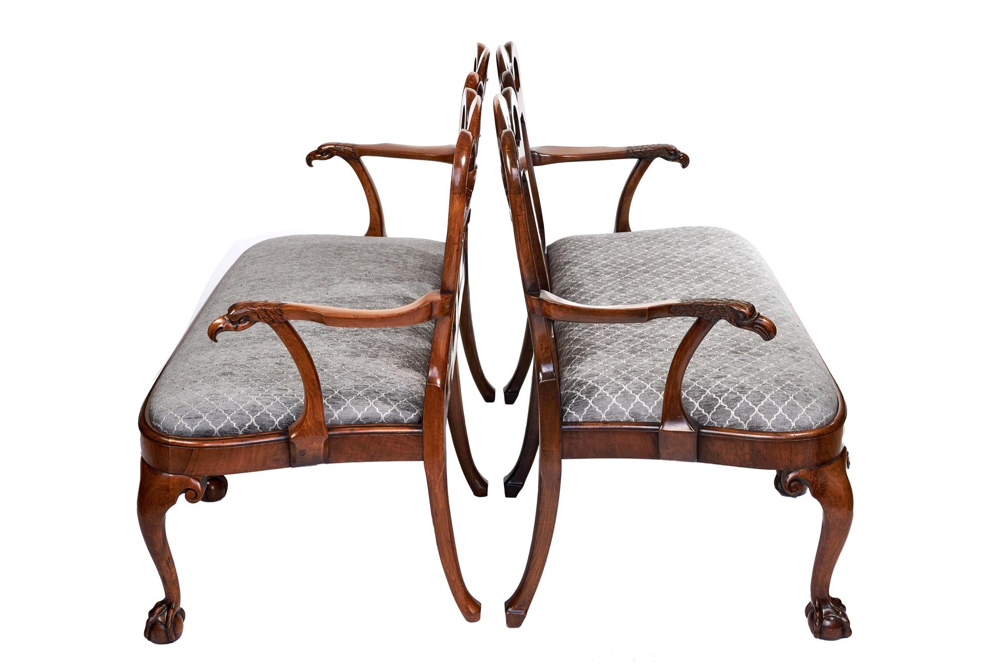 An outstanding unusual Georgian revival walnut chair back sofa/settee also available as a near pair. Boasting beautiful twin walnut shaped backs and elegantly shaped arms with carved Eagle heads. Three delightful cabriole legs to the front with claw