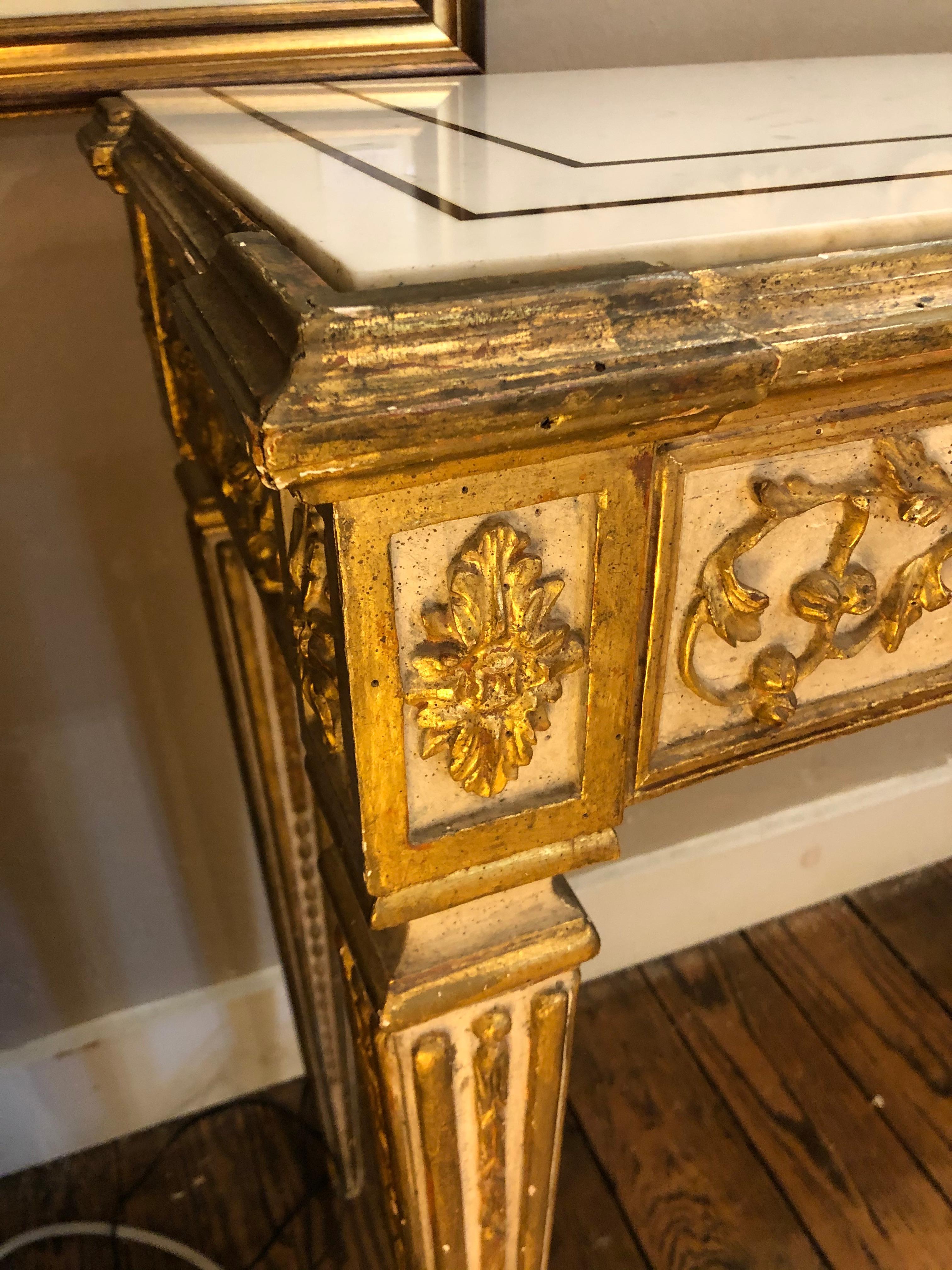 Magnificent Antique Gilded Painted Italian Regency Console Table with Marble Top 2