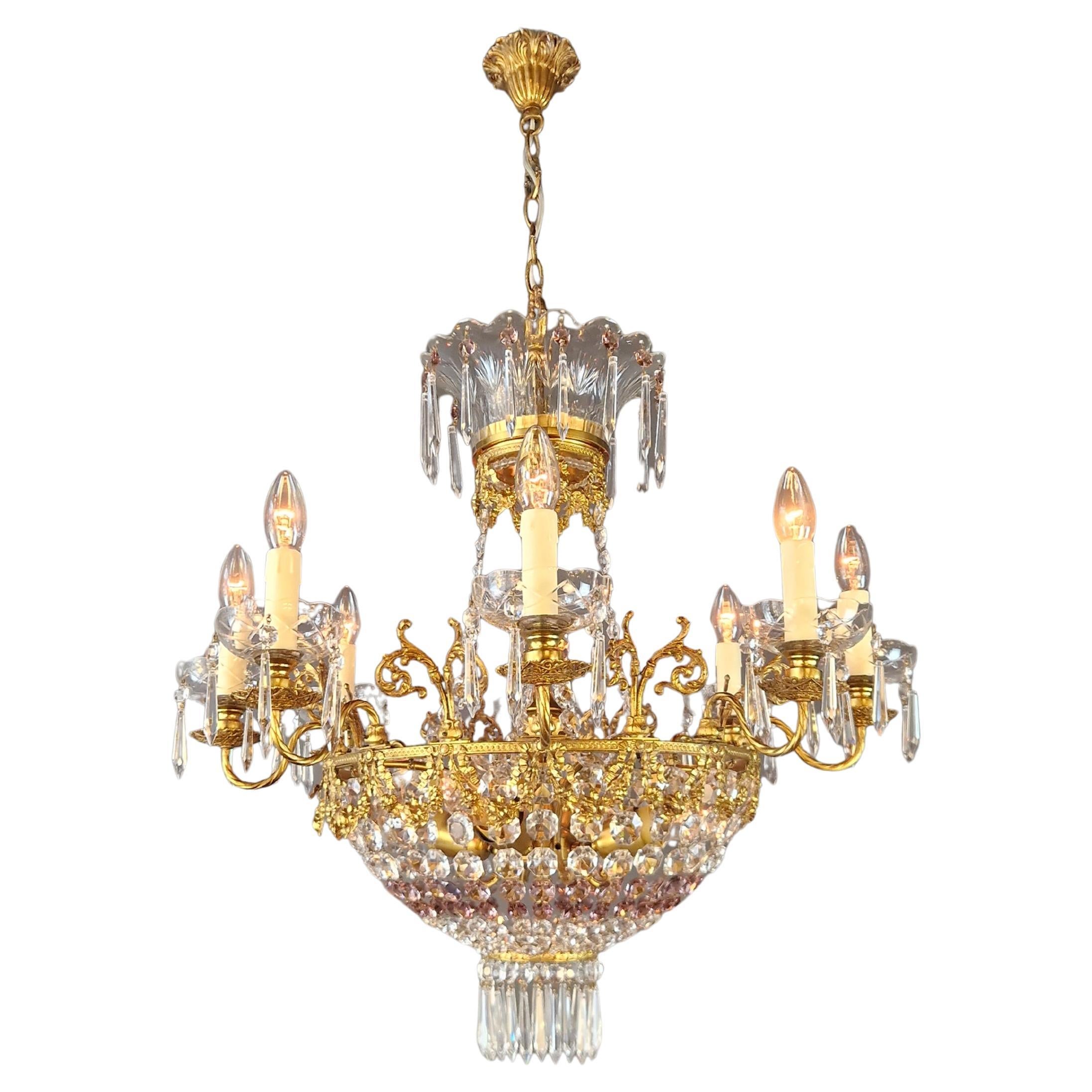 Magnifique lustre italien ancien en laiton de style Belle Époque Art Nouveau en vente