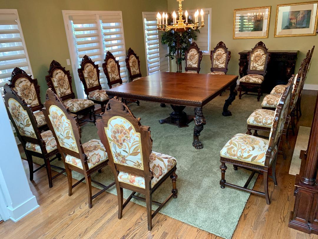 Magnificent Antique Italian Renaissance Revival Dining Room Table with 15 Chairs In Good Condition In Tustin, CA