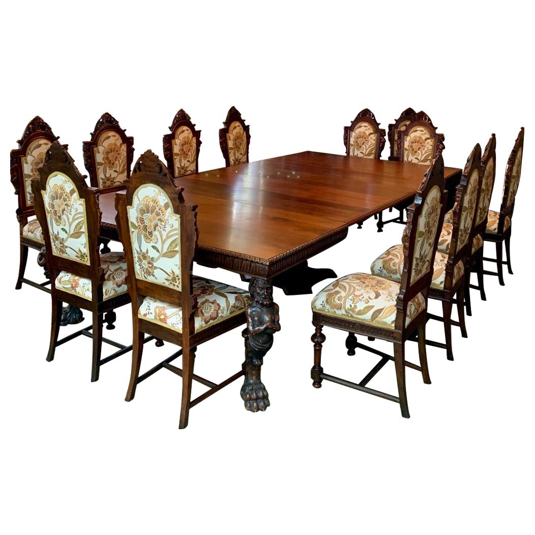 Magnificent Antique Italian Renaissance Revival Dining Room Table with 15 Chairs