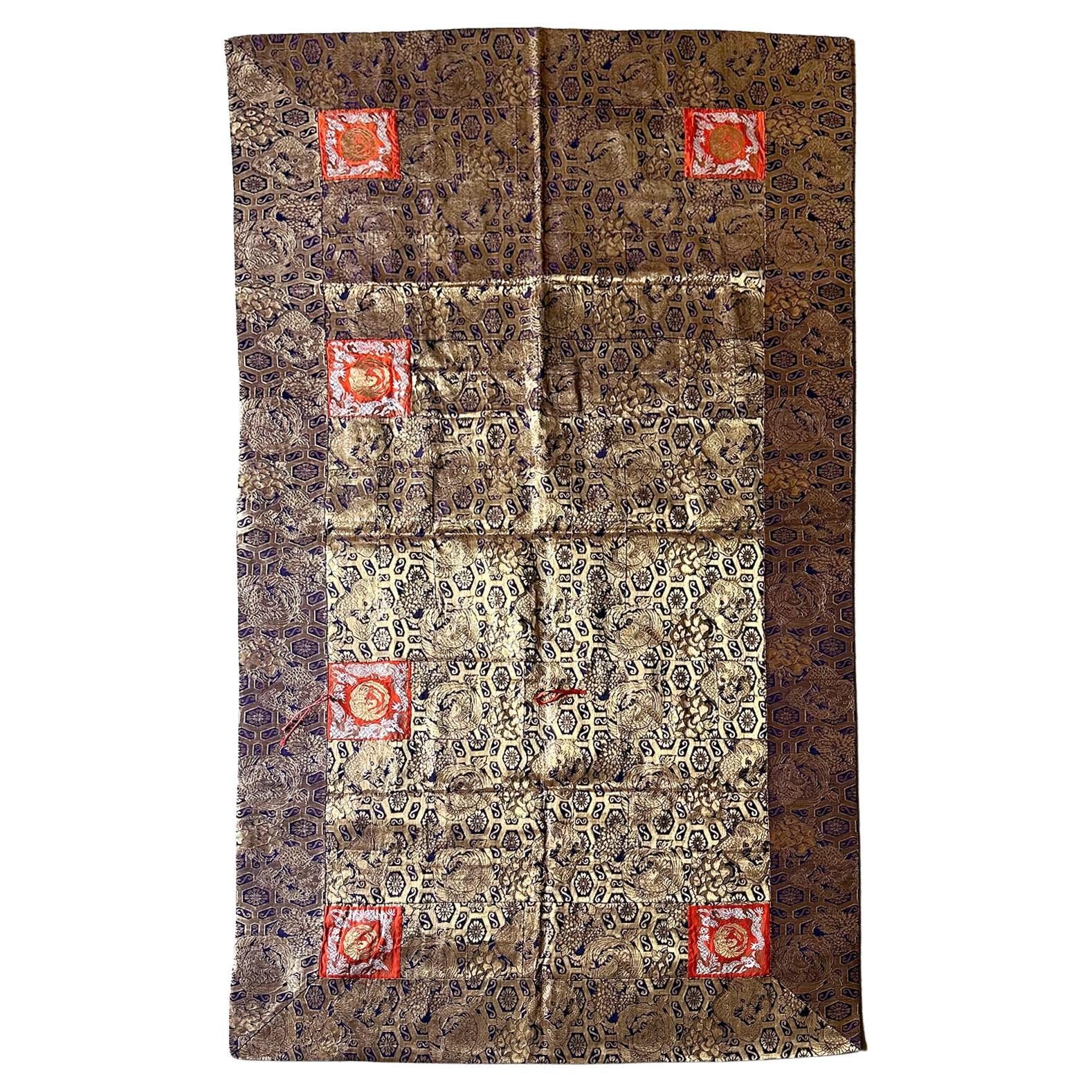 Magnífica Túnica de Monje Kesa de Brocado Tejido Japonés Antiguo Período Meiji
