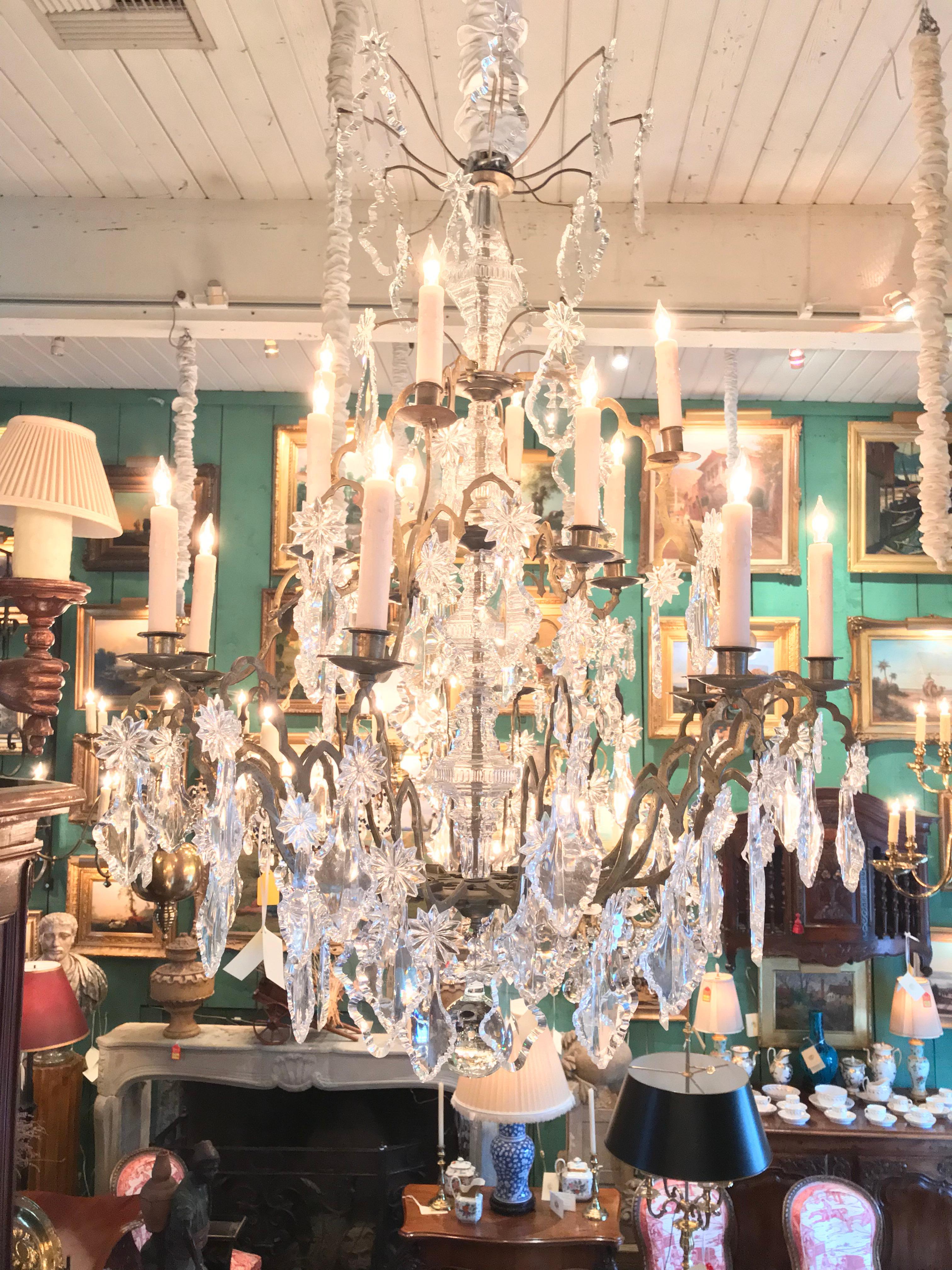 Large Baccarat Crystal Chandelier Dining ceiling 16 light fixture pendant LA CA. Late 18th Early 19th century Rare and Exquisite baccarat crystal chandelier 16 light with hand made crafted Elegant Bronze cage . French luxury manufacturer of fine