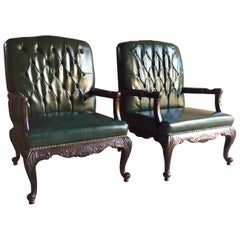 Magnificent Antique Leather Armchairs Library Chairs Pair, 18th Century Style