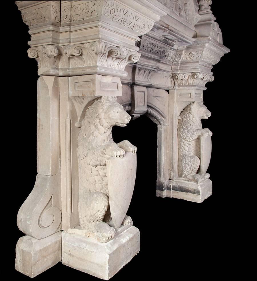 Gothic Revival Magnificent Antique Limestone Mantel For Sale