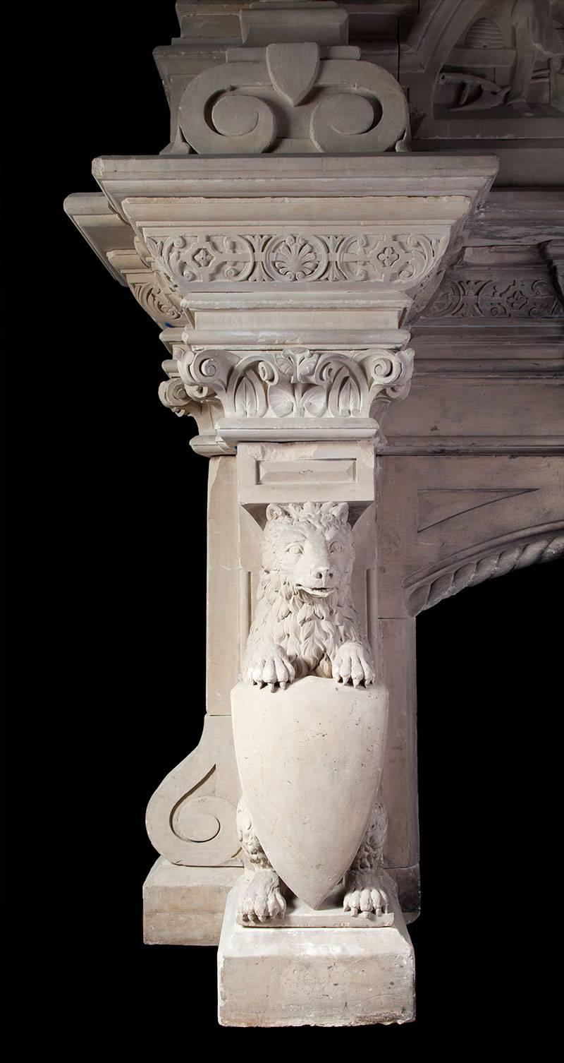 Carved Magnificent Antique Limestone Mantel For Sale