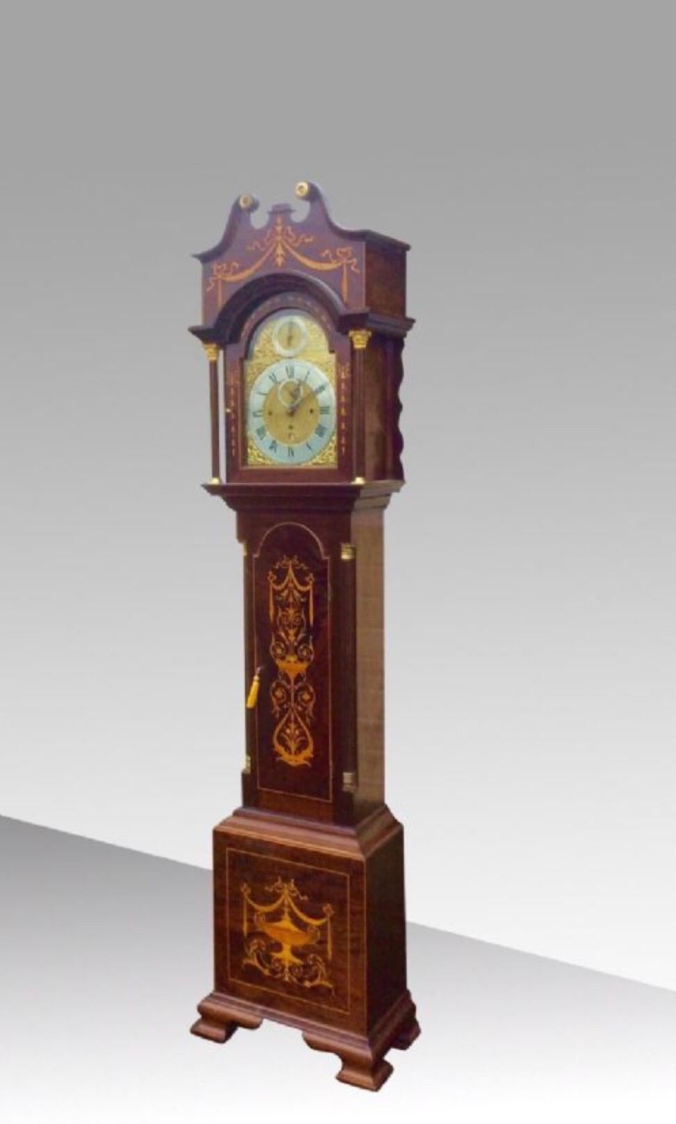 Magnificent Edwardian 8 Day Mahogany Inlaid Marquetry, Brass Arch Dial,Three Train,Antique Longcase Grandfather Clock.Silvered Chapter Ring,Seconds Dial,Chime Silent Dial, Chiming and Striking on Eight/Four Bells and Gong
Measures: 95 ins