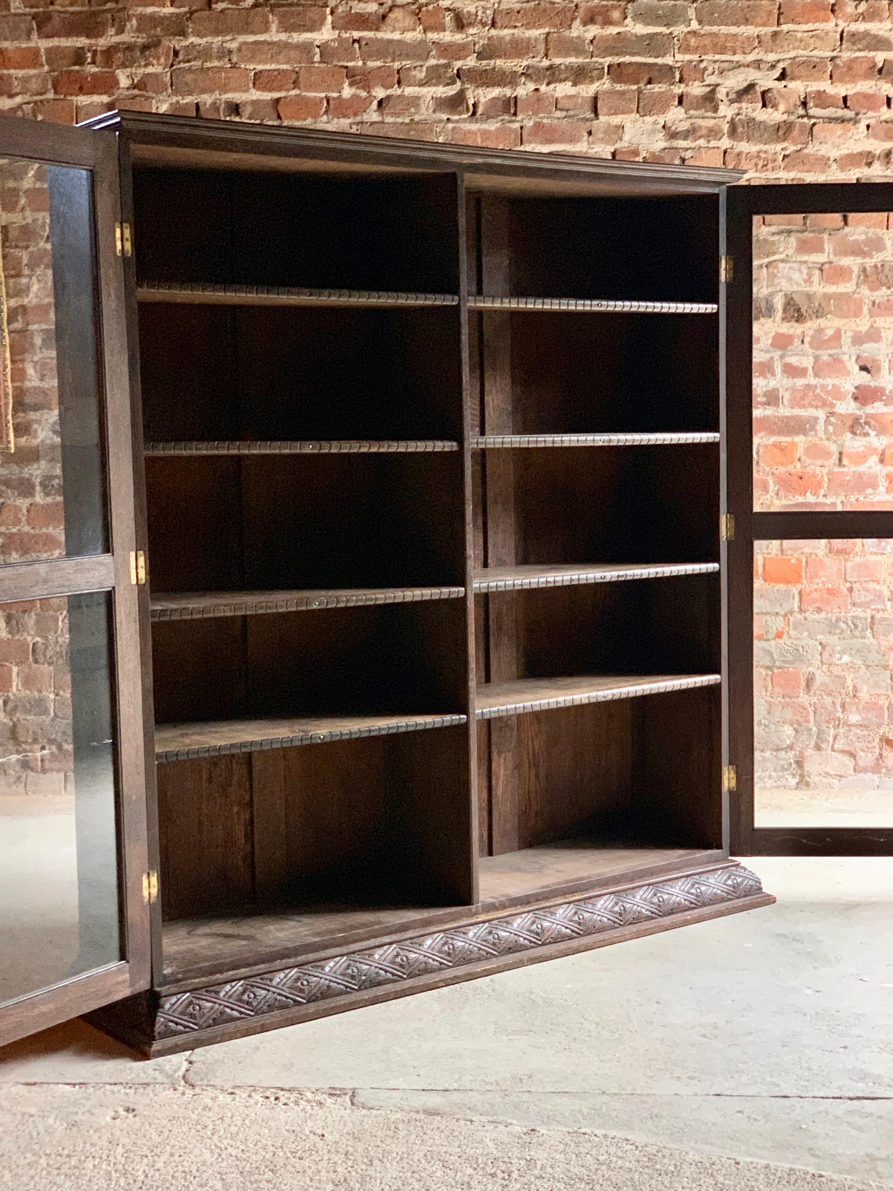 Gothic Magnificent Antique Oak Glazed Bookcase Carved Decoration, Early 20th Century