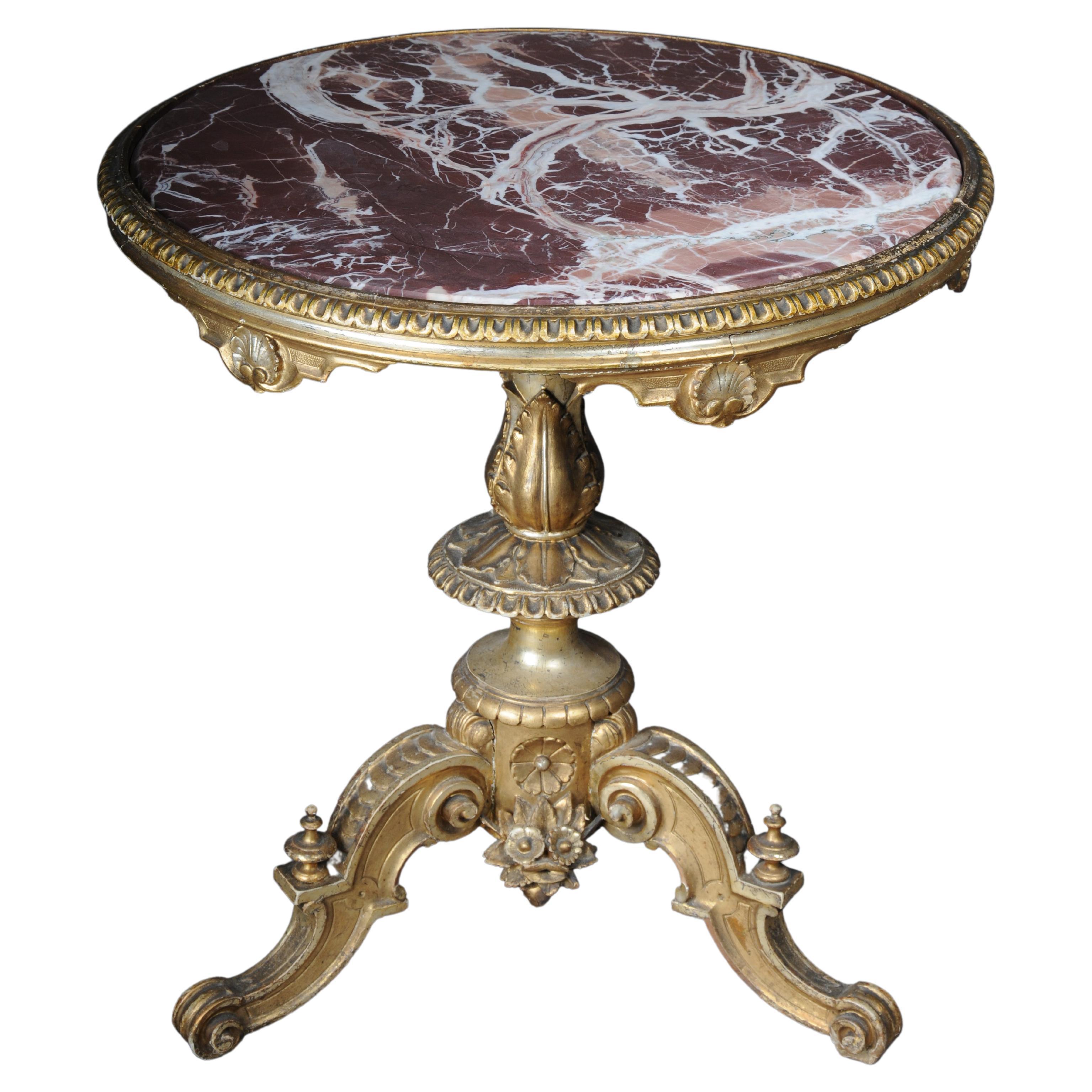 Magnífica mesa auxiliar antigua dorada con tapa de mármol de alrededor de 1860