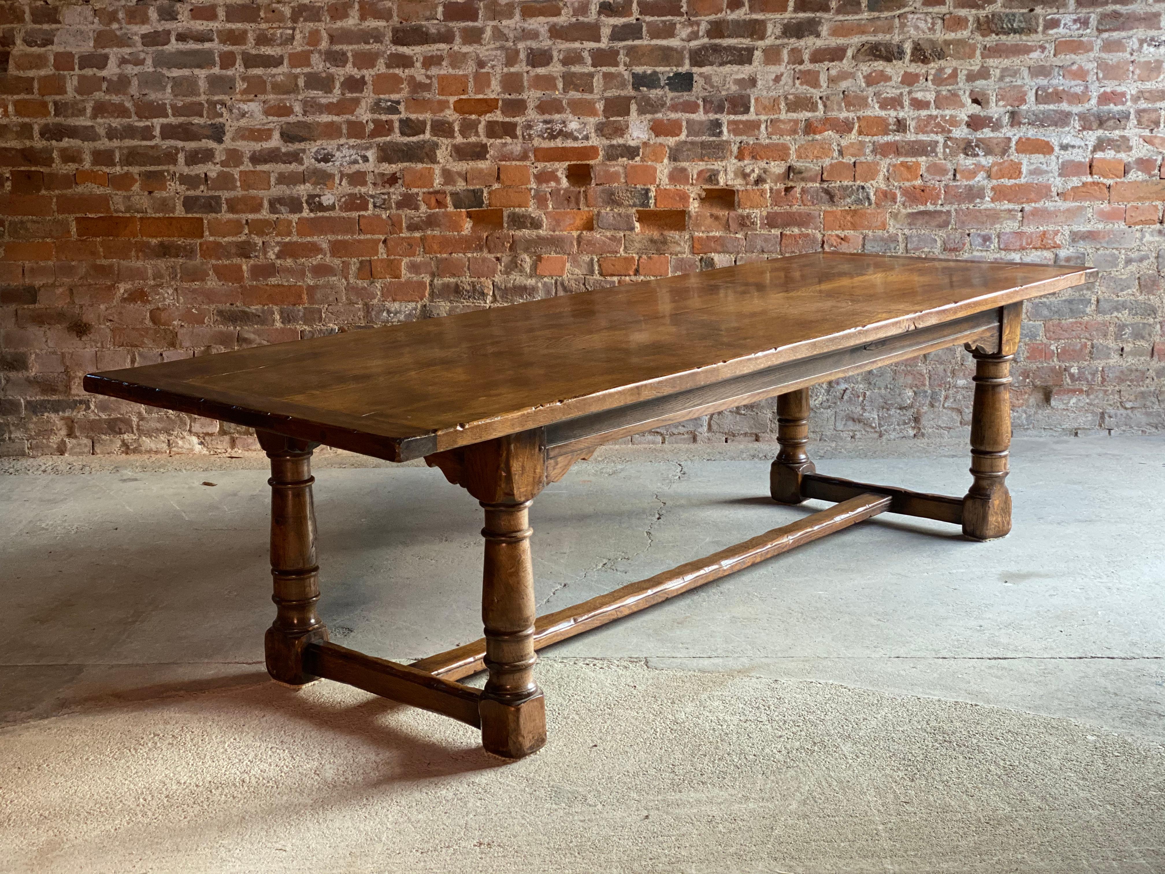 British Magnificent Antique Style Oak Refectory Dining Table, Eight Chairs 20th Century