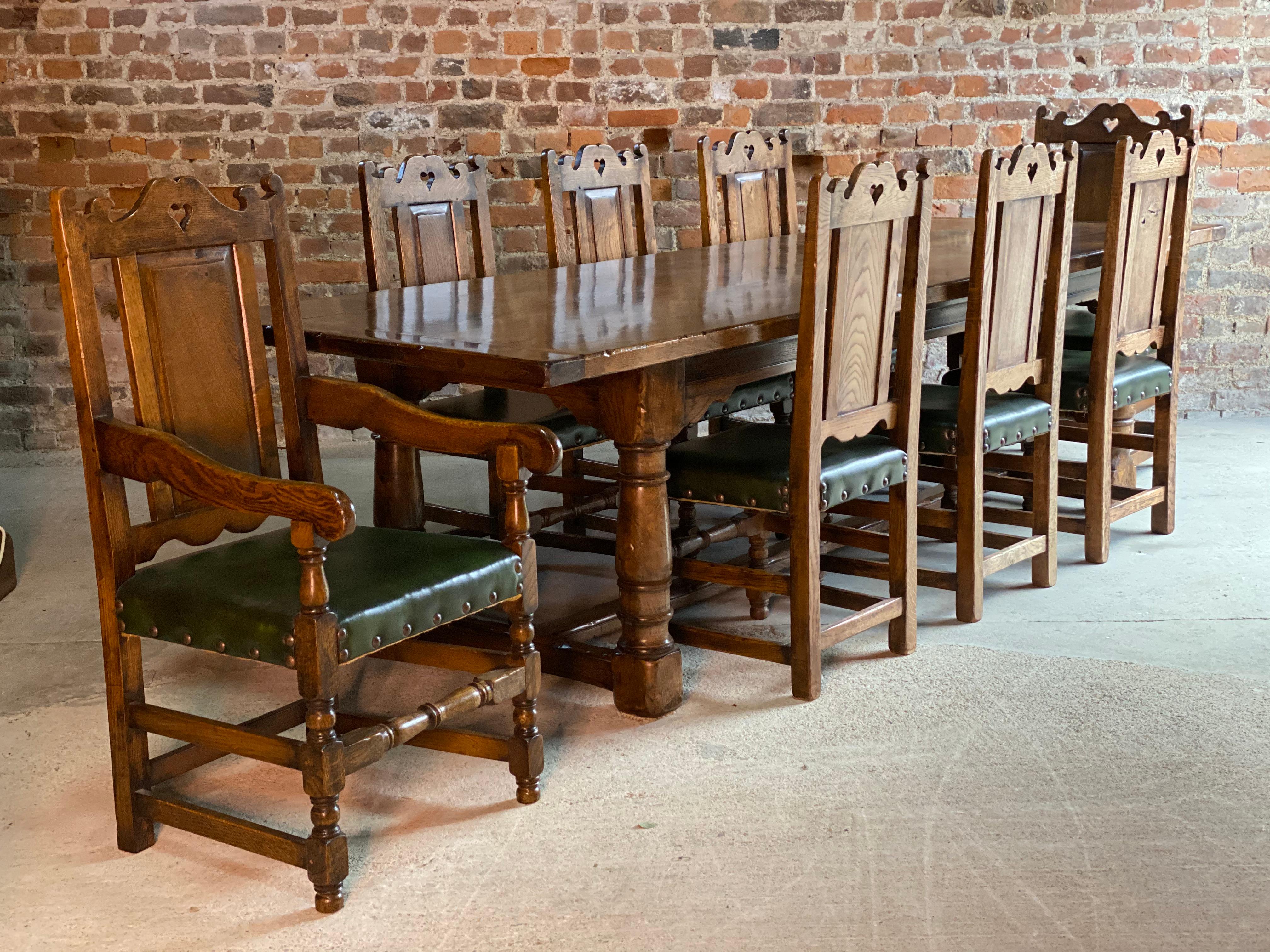 Magnificent Antique Style Oak Refectory Dining Table, Eight Chairs 20th Century 4