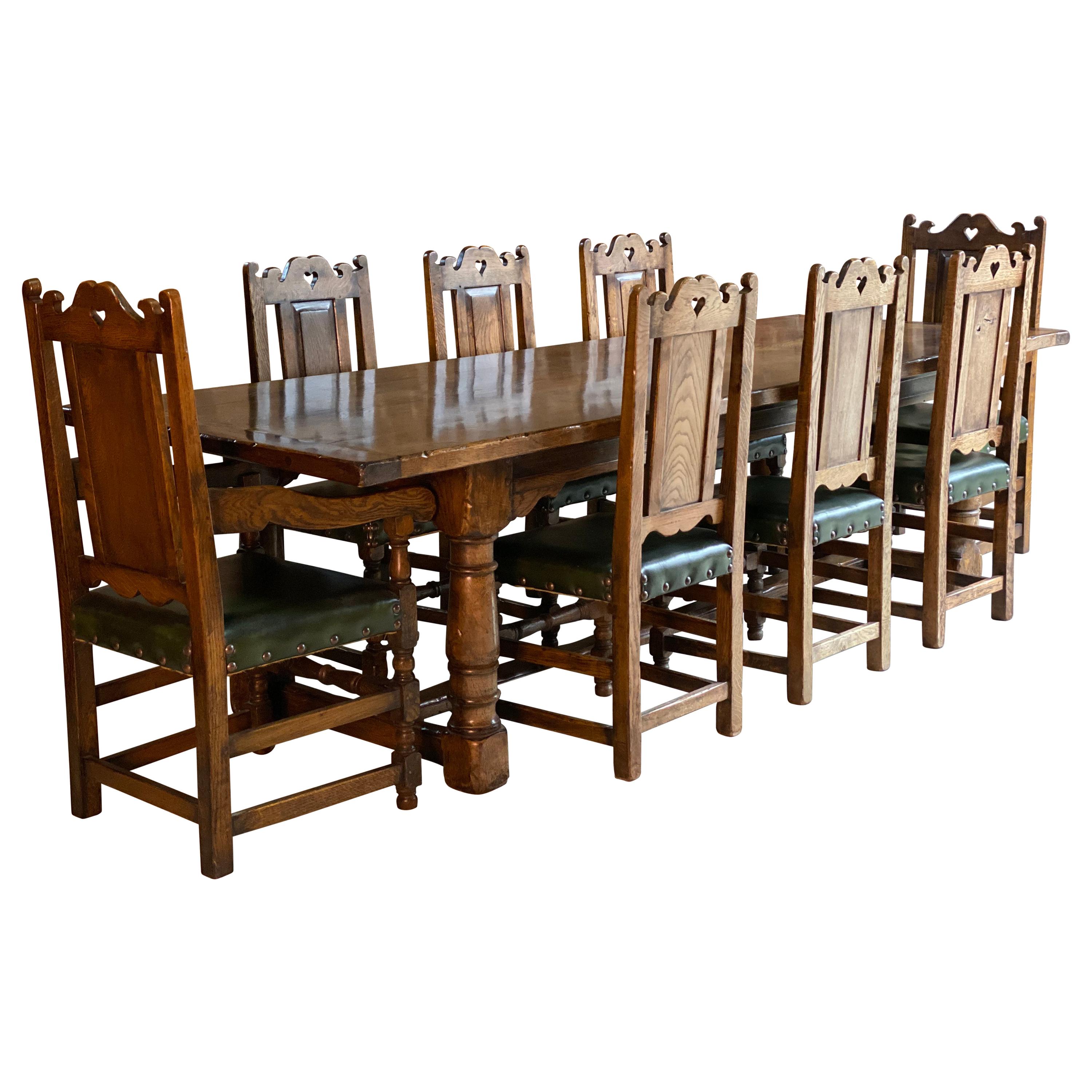Magnificent Antique Style Oak Refectory Dining Table, Eight Chairs 20th Century