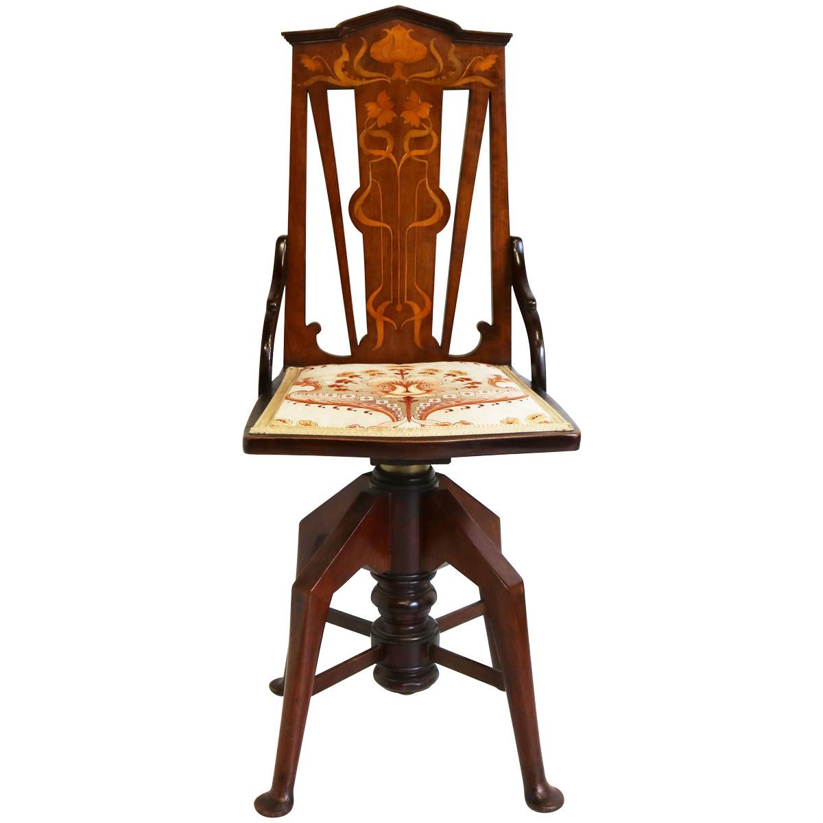 Magnificent Antique Swivel Art Nouveau Music Chair Mahogany Music Stool, 1900s