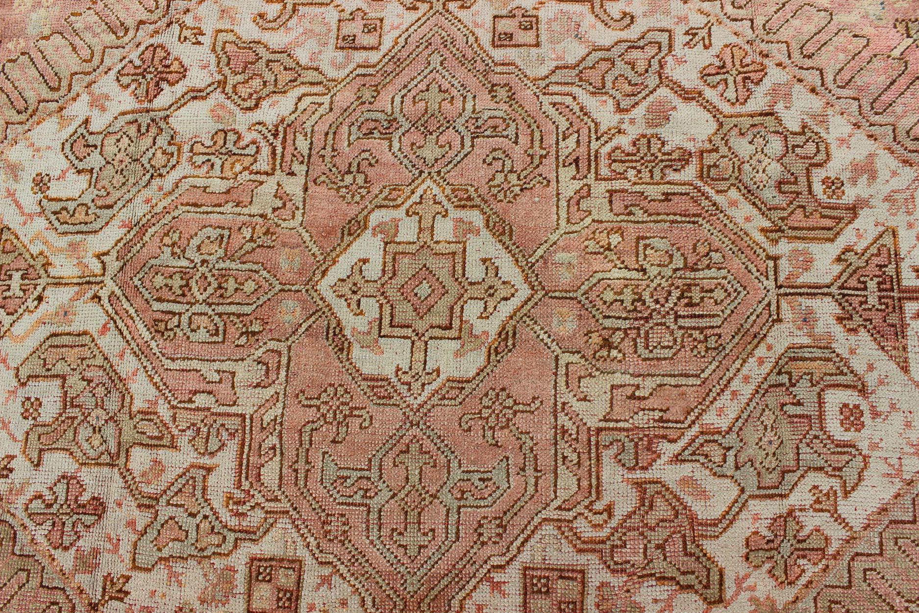 Antique Turkish Oushak Rug with Geometric Medallion in Salmon Background For Sale 5