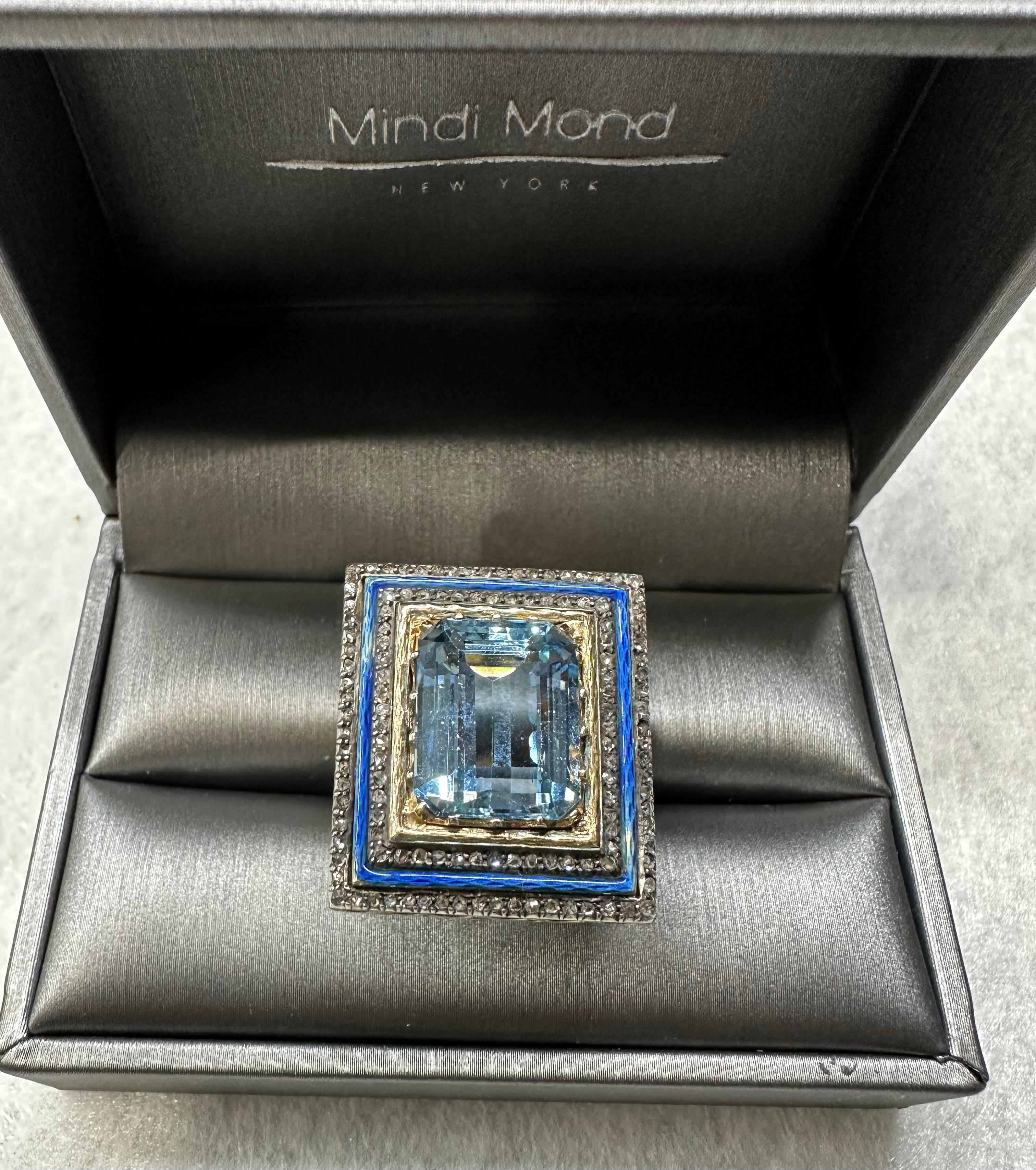 Magnificent Aquamarine Enamel Diamond 18k Gold Statement Ring 1