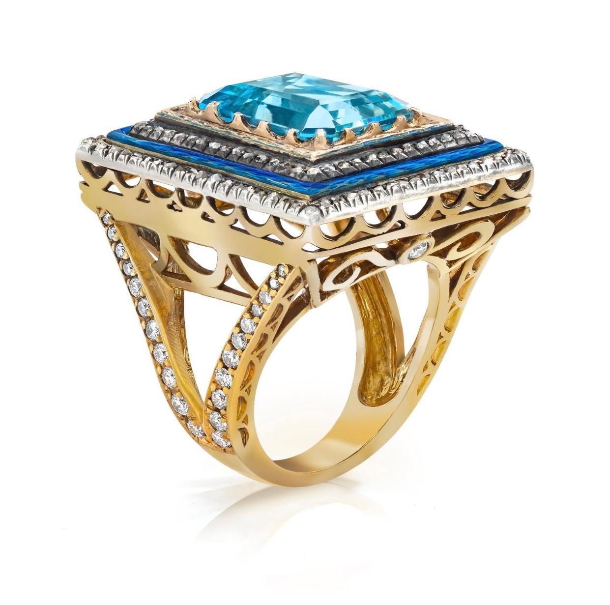 Known for our one-of-a-kind creations, this aquamarine ring makes quite the statement. 
What was once  a Victorian brooch Circa 1880’s has been completely transformed into a spectacular statement ring.
1 emerald cut aquamarine approx 8.45 CTW
Blue