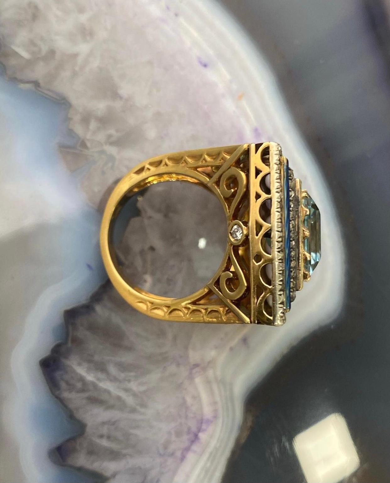 Victorian Magnificent Aquamarine Enamel Diamond 18k Gold Statement Ring