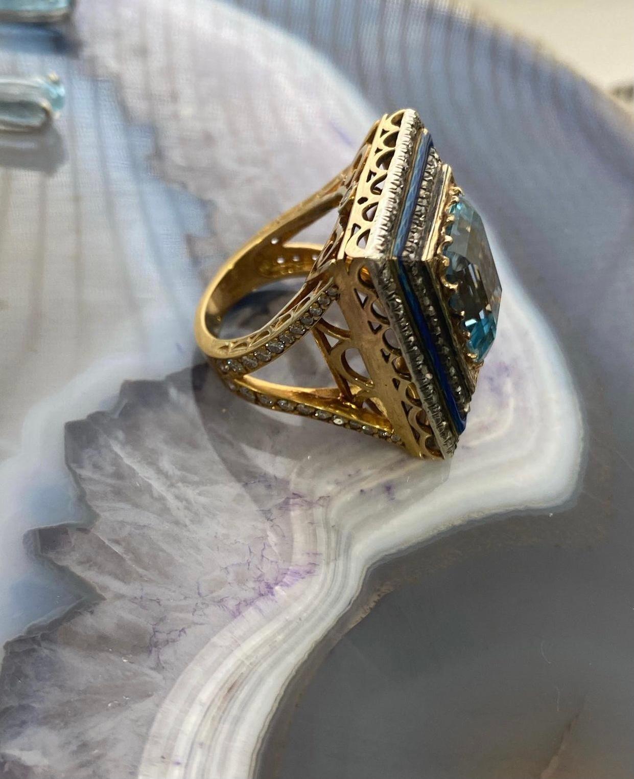 Mixed Cut Magnificent Aquamarine Enamel Diamond 18k Gold Statement Ring