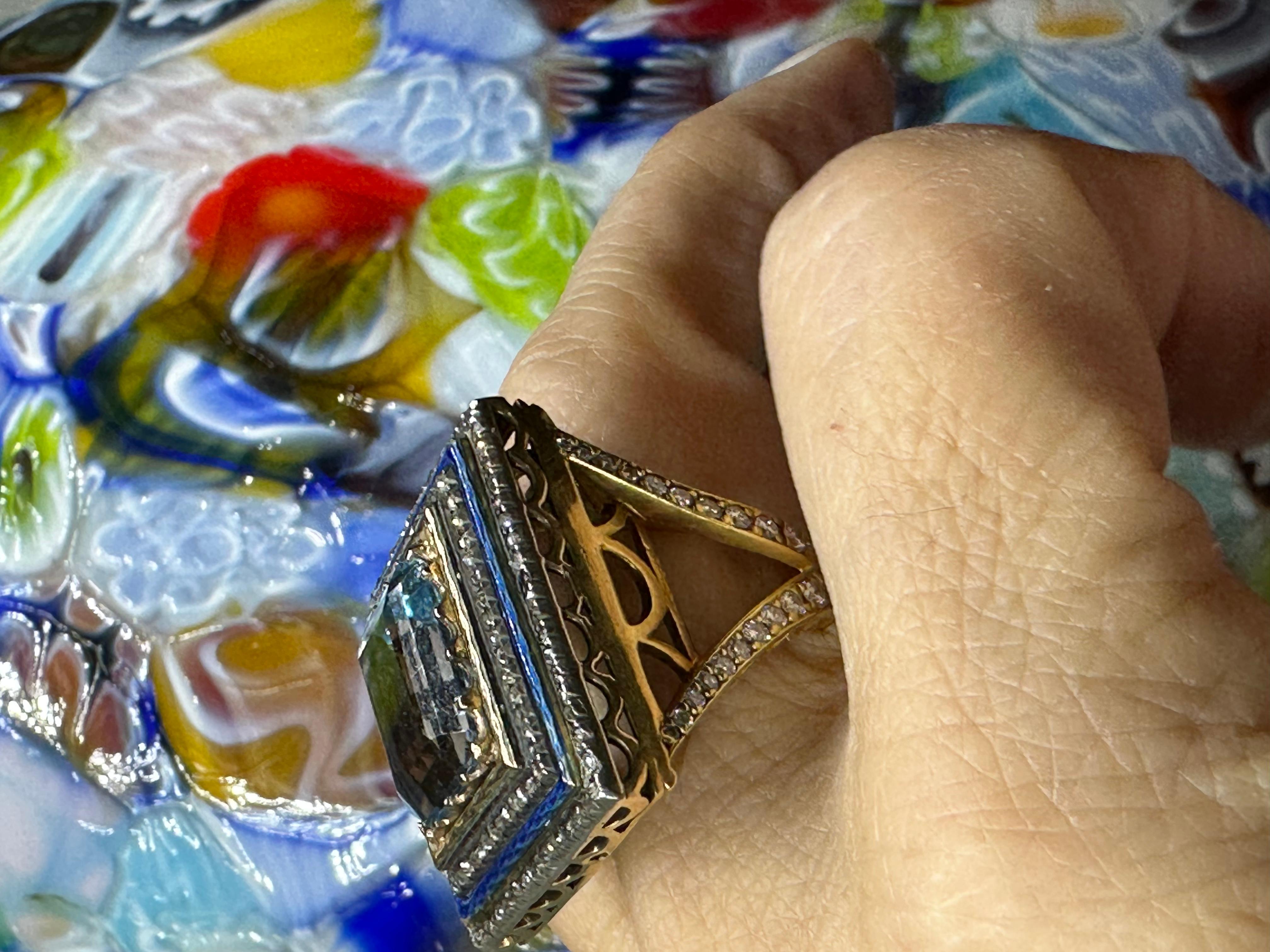 Women's or Men's Magnificent Aquamarine Enamel Diamond 18k Gold Statement Ring