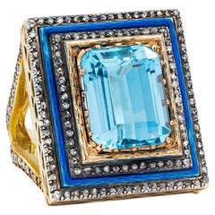 Magnificent Aquamarine Enamel Diamond 18k Gold Statement Ring