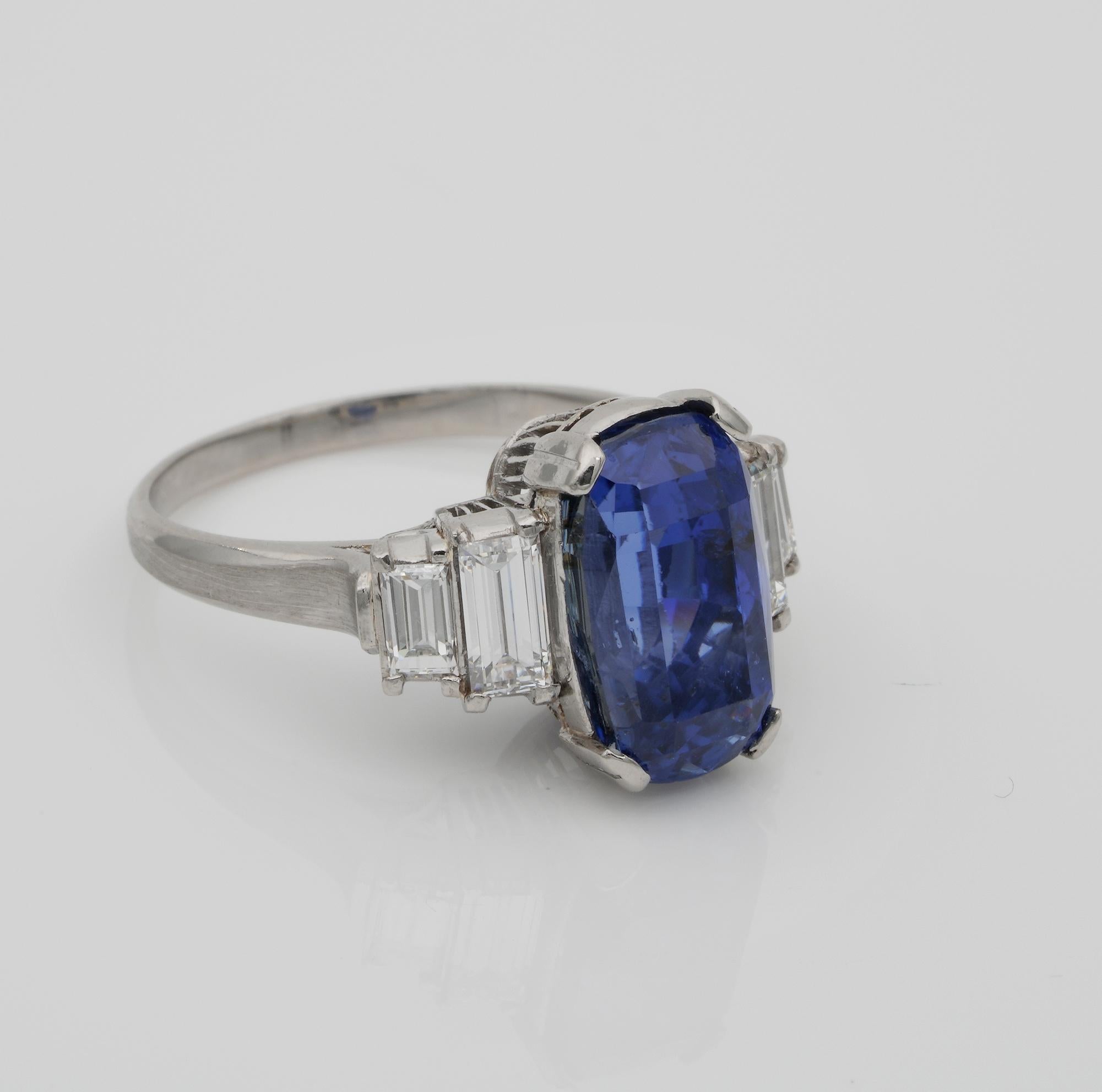 Baguette Cut Magnificent Art Deco Certified 7.14 Carat No Heat Sapphire Diamond Platinum Ring For Sale