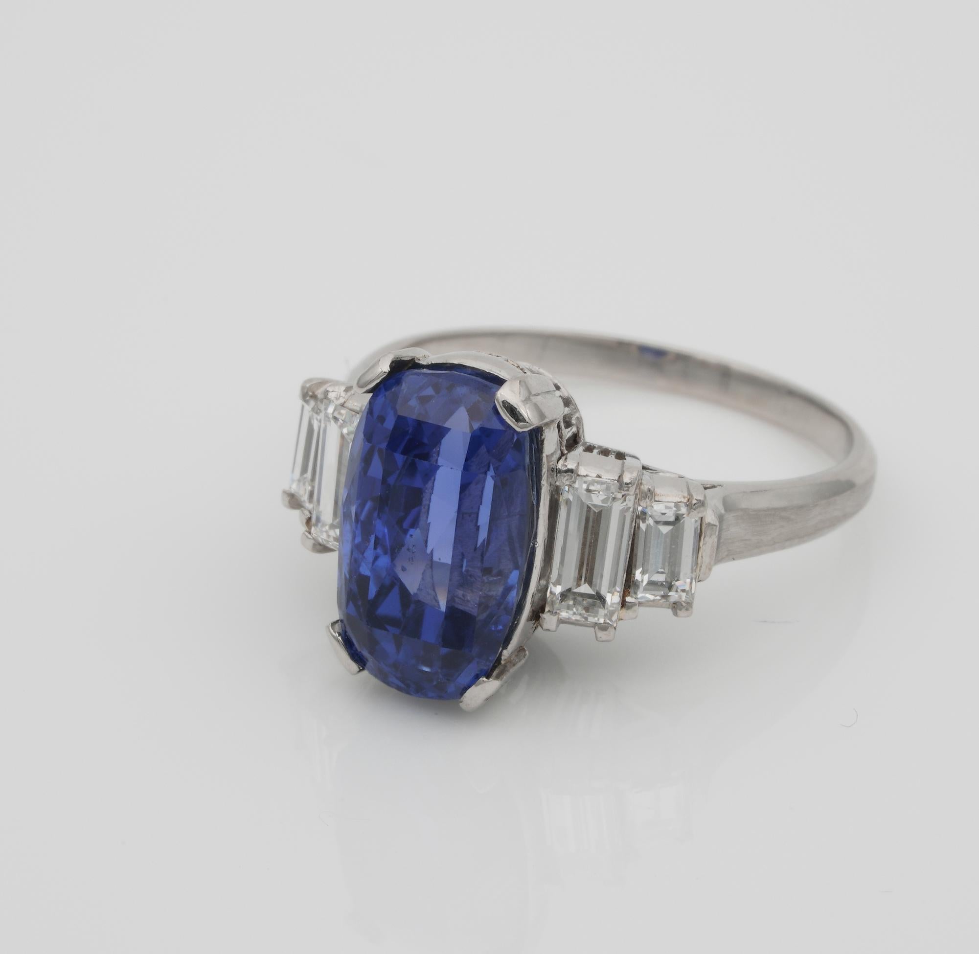 Women's Magnificent Art Deco Certified 7.14 Carat No Heat Sapphire Diamond Platinum Ring For Sale