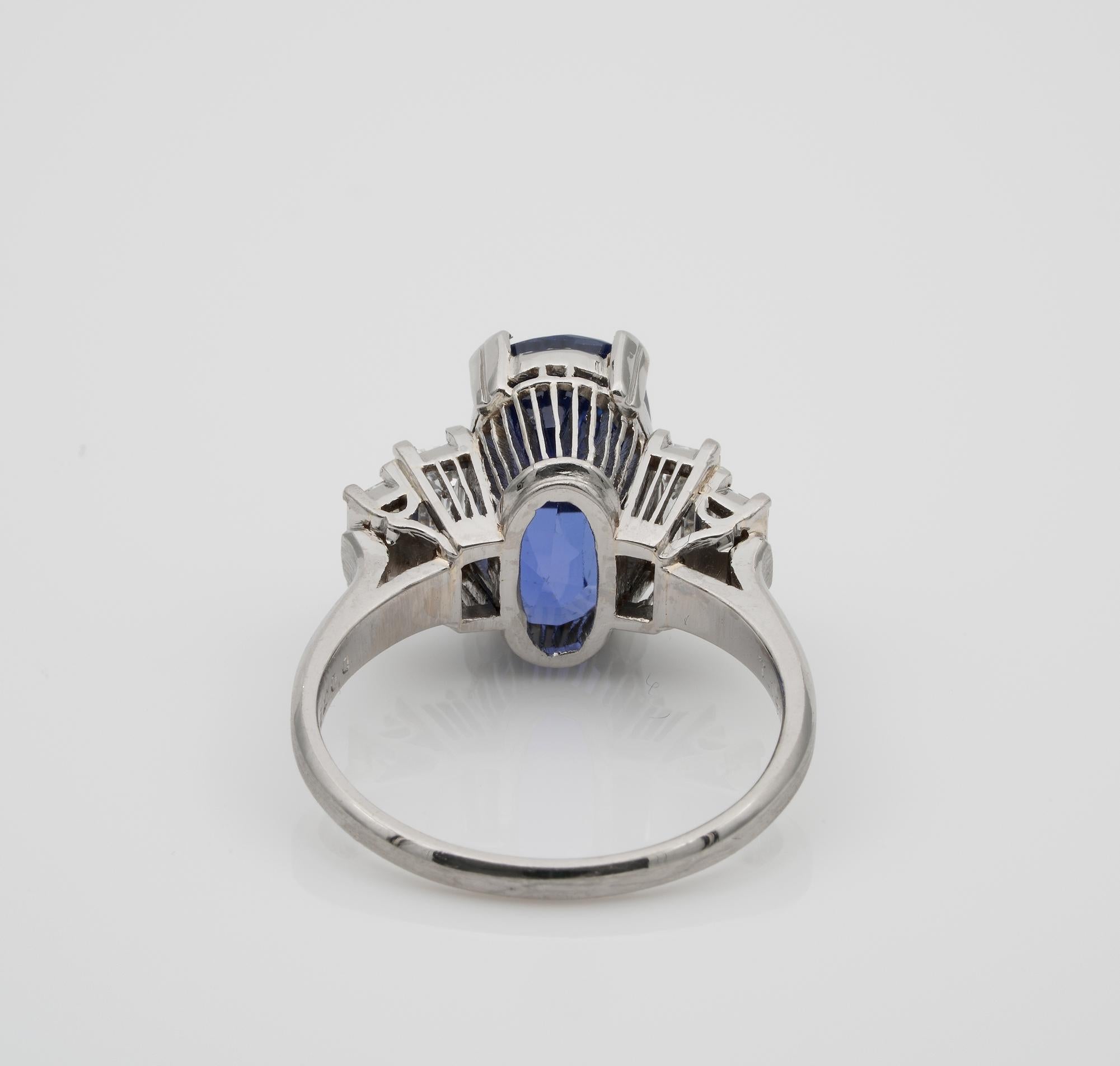 Magnificent Art Deco Certified 7.14 Carat No Heat Sapphire Diamond Platinum Ring For Sale 3