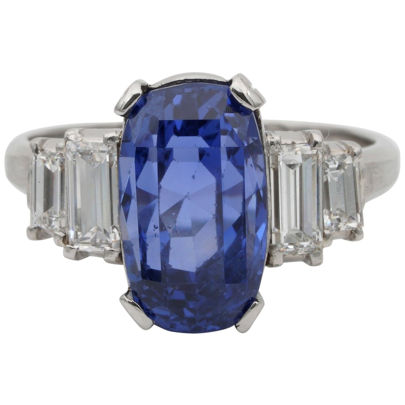 Magnificent Art Deco Certified 7.14 Carat No Heat Sapphire Diamond Platinum Ring For Sale