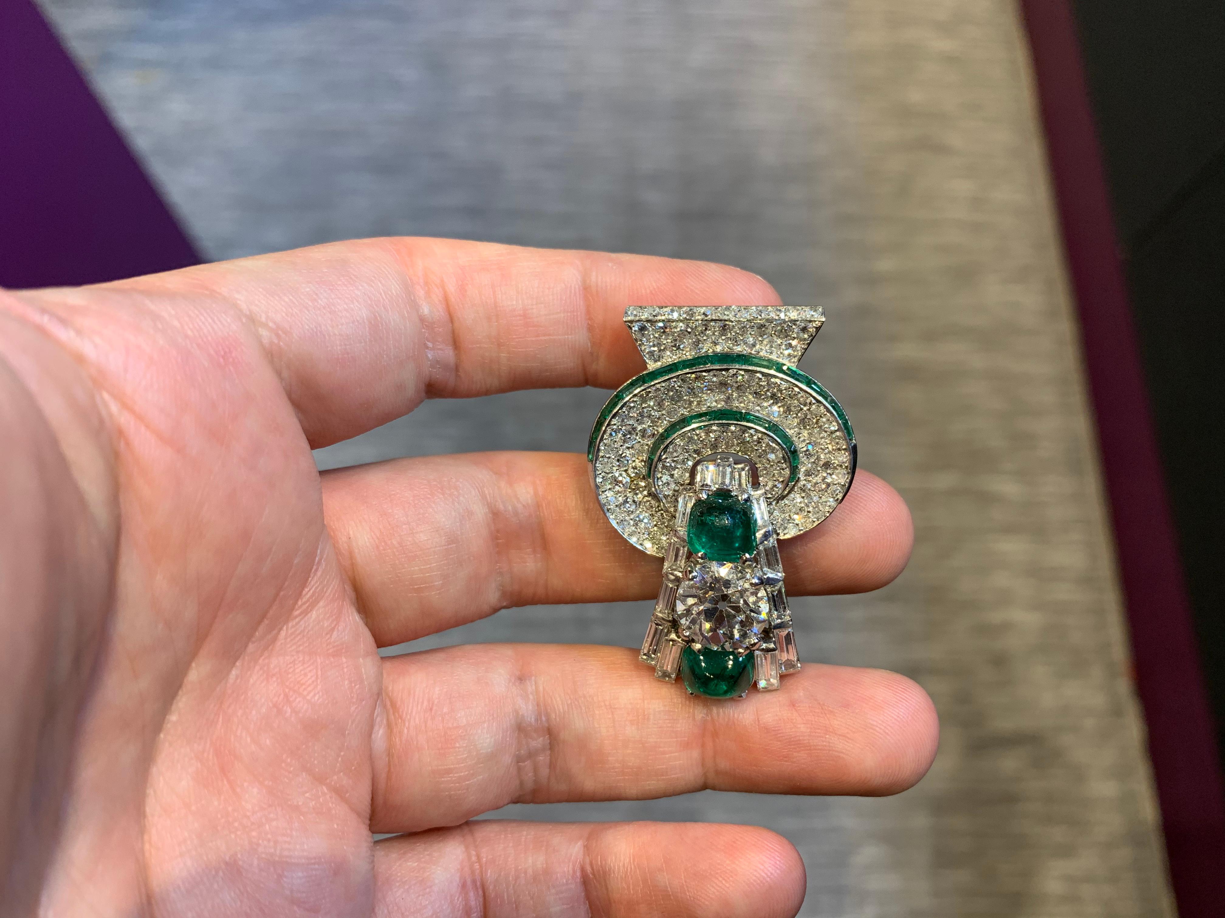 Cabochon Art Deco Diamond and Emerald Brooch