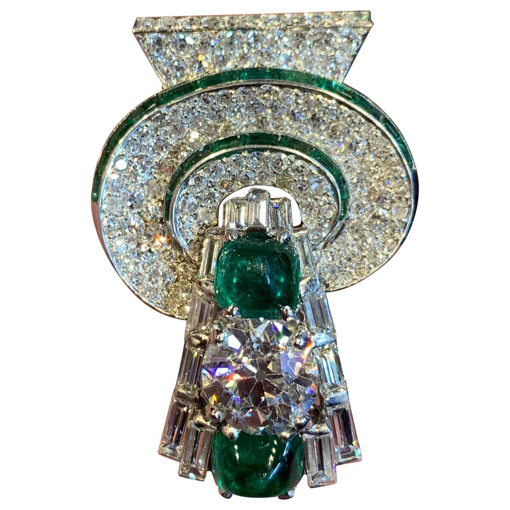 Art Deco Diamond and Emerald Brooch