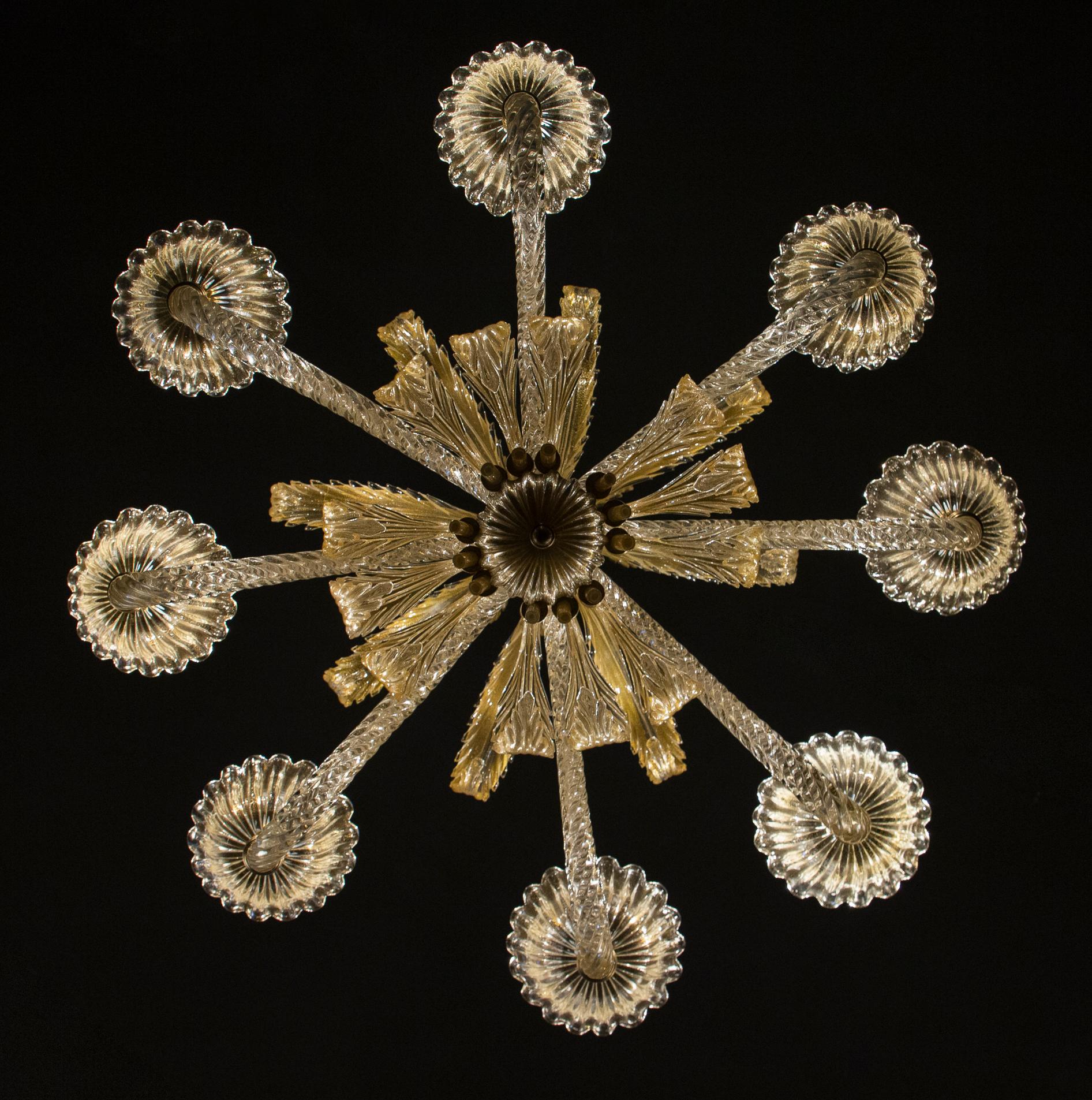 20th Century Magnificent Art Deco Mounted Murano Glass Chandelier by Ercole Barovier, 1940 For Sale