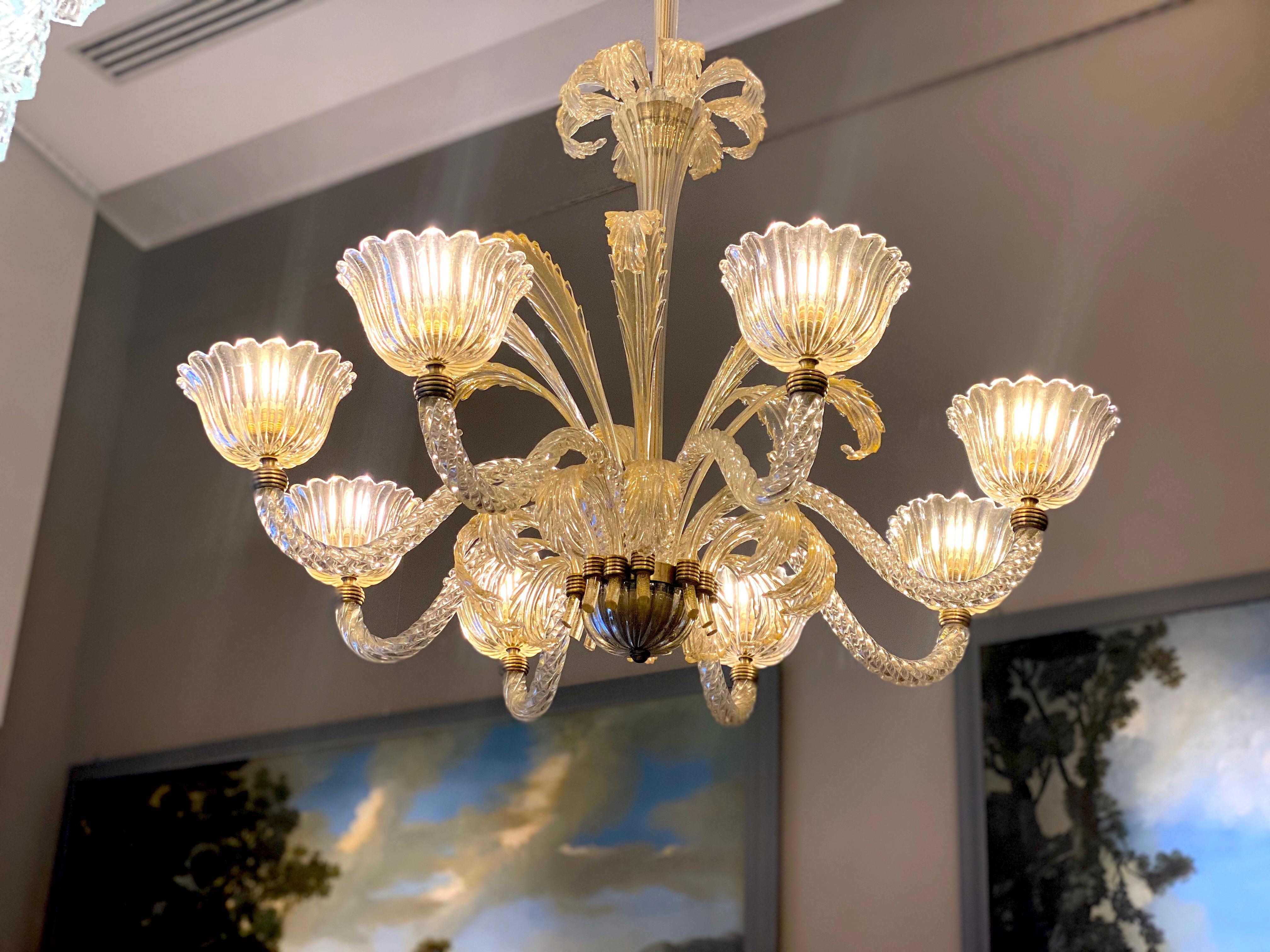 Blown Glass Magnificent Art Deco Mounted Murano Glass Chandelier by Ercole Barovier, 1940 For Sale