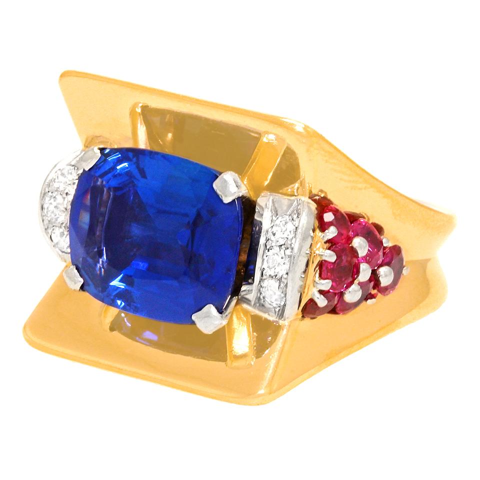 Magnificent Art Deco Ring with 7.50ct No Heat Ceylon Sapphire GIA 5