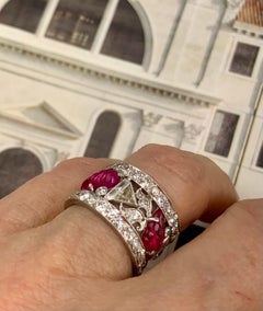 Magnificent Art Deco Tutti Frutti Diamond Platinum Carved Ruby Wide Band Ring