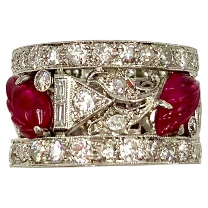 Magnificent Art Deco Tutti Frutti Diamond Platinum Carved Ruby Wide Band Ring For Sale