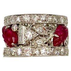 Magnificent Art Deco Tutti Frutti Diamond Platinum Carved Ruby Wide Band Ring