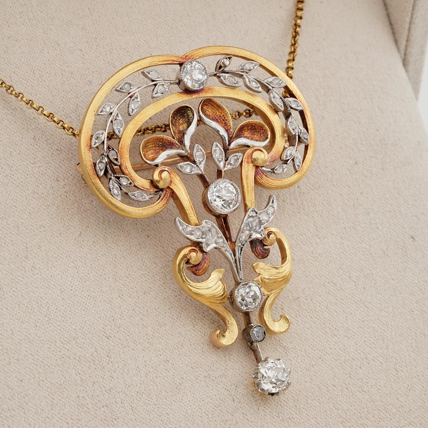Women's Magnificent Art Nouveau 2.65 Ct Diamond 18KT Gold Platinum Rare Brooch Pendant For Sale
