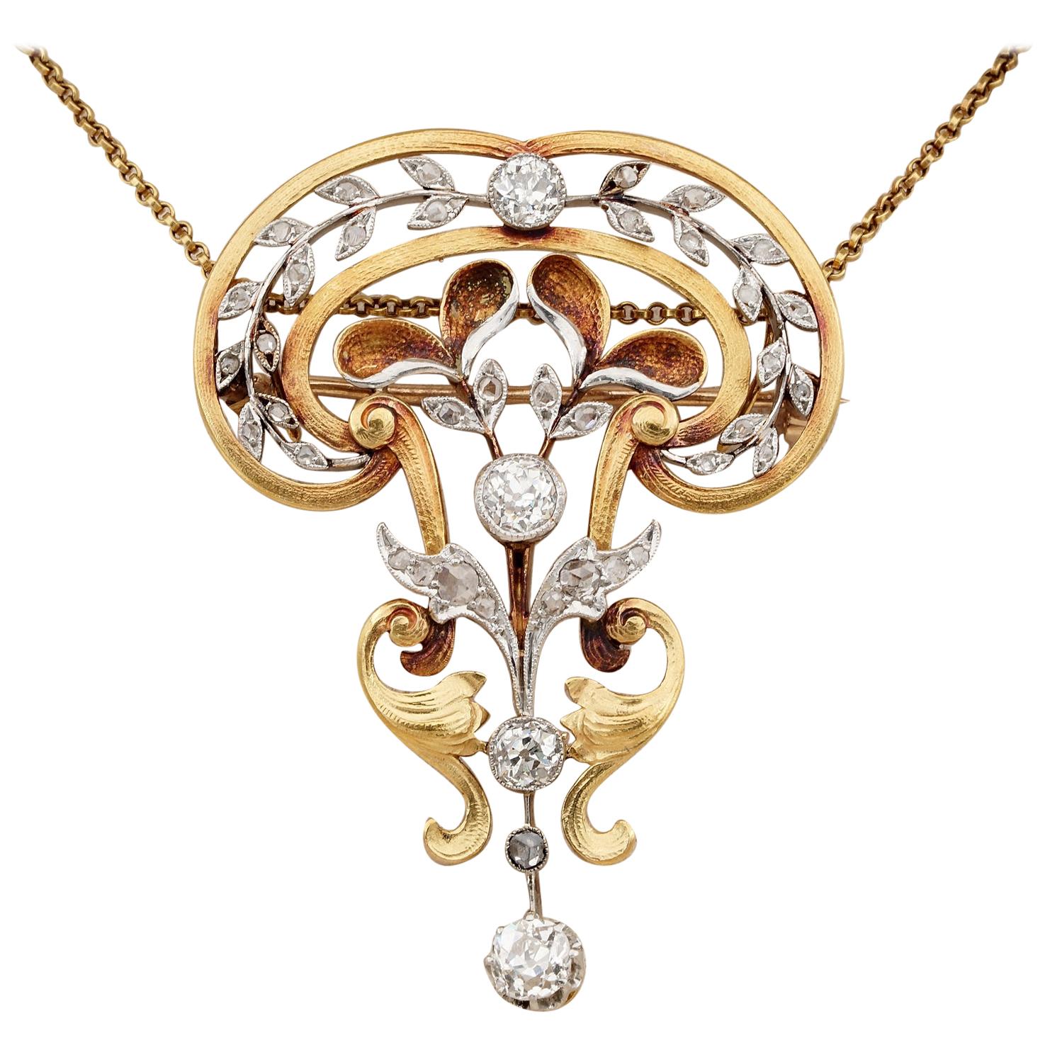 Magnificent Art Nouveau 2.65 Ct Diamond 18KT Gold Platinum Rare Brooch Pendant For Sale
