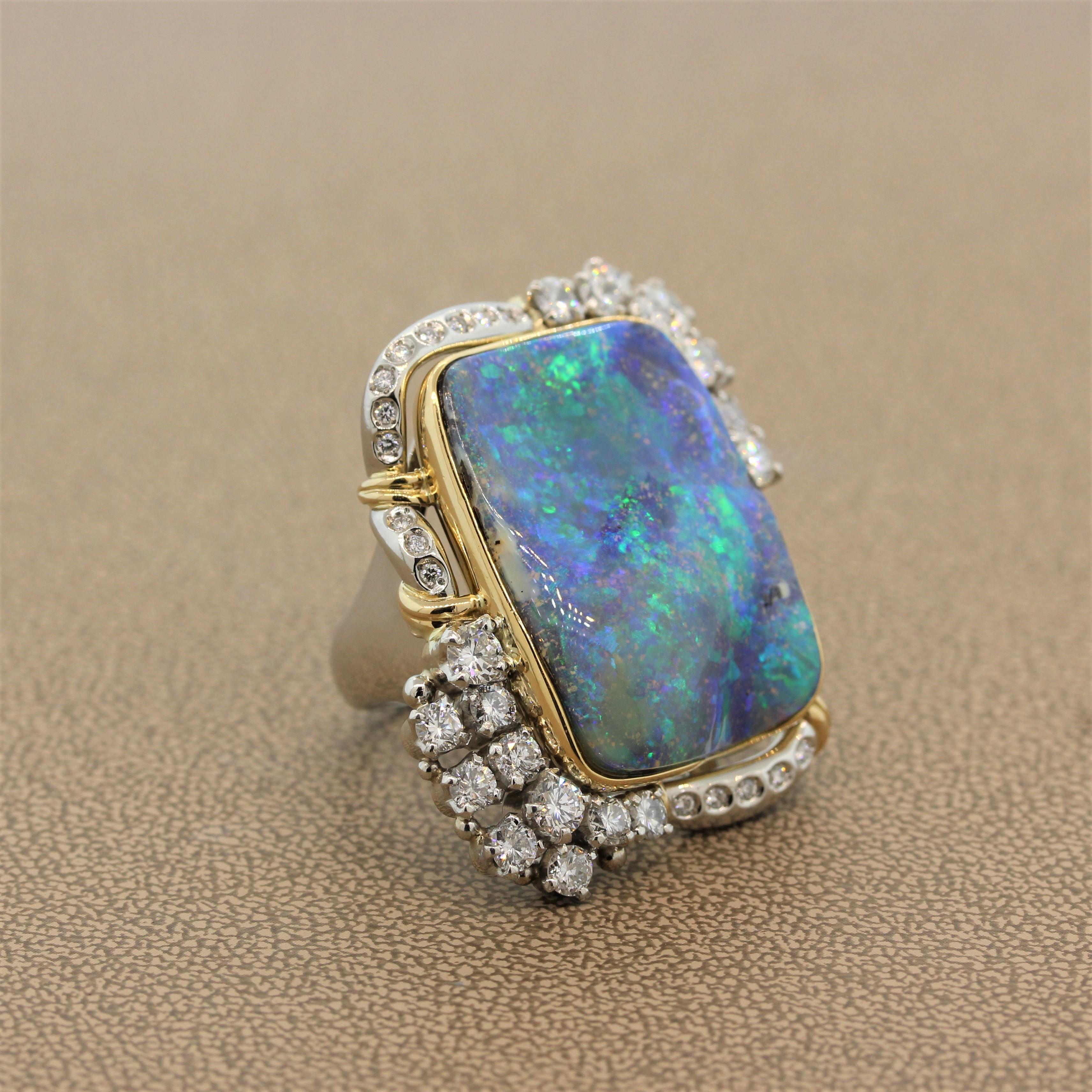 Magnificent Australian Boulder Opal Diamond Platinum Gold Ring In New Condition In Beverly Hills, CA