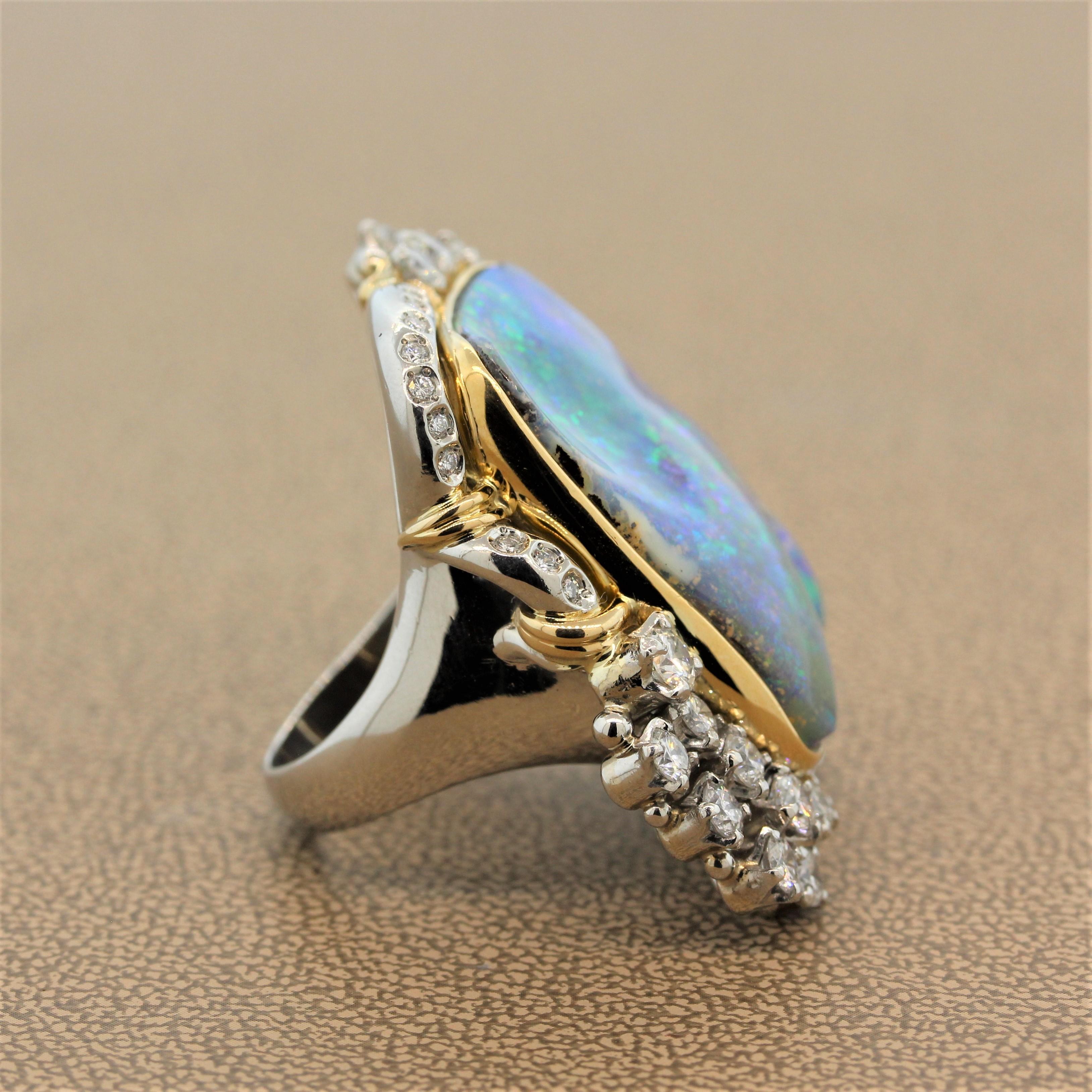 Women's Magnificent Australian Boulder Opal Diamond Platinum Gold Ring