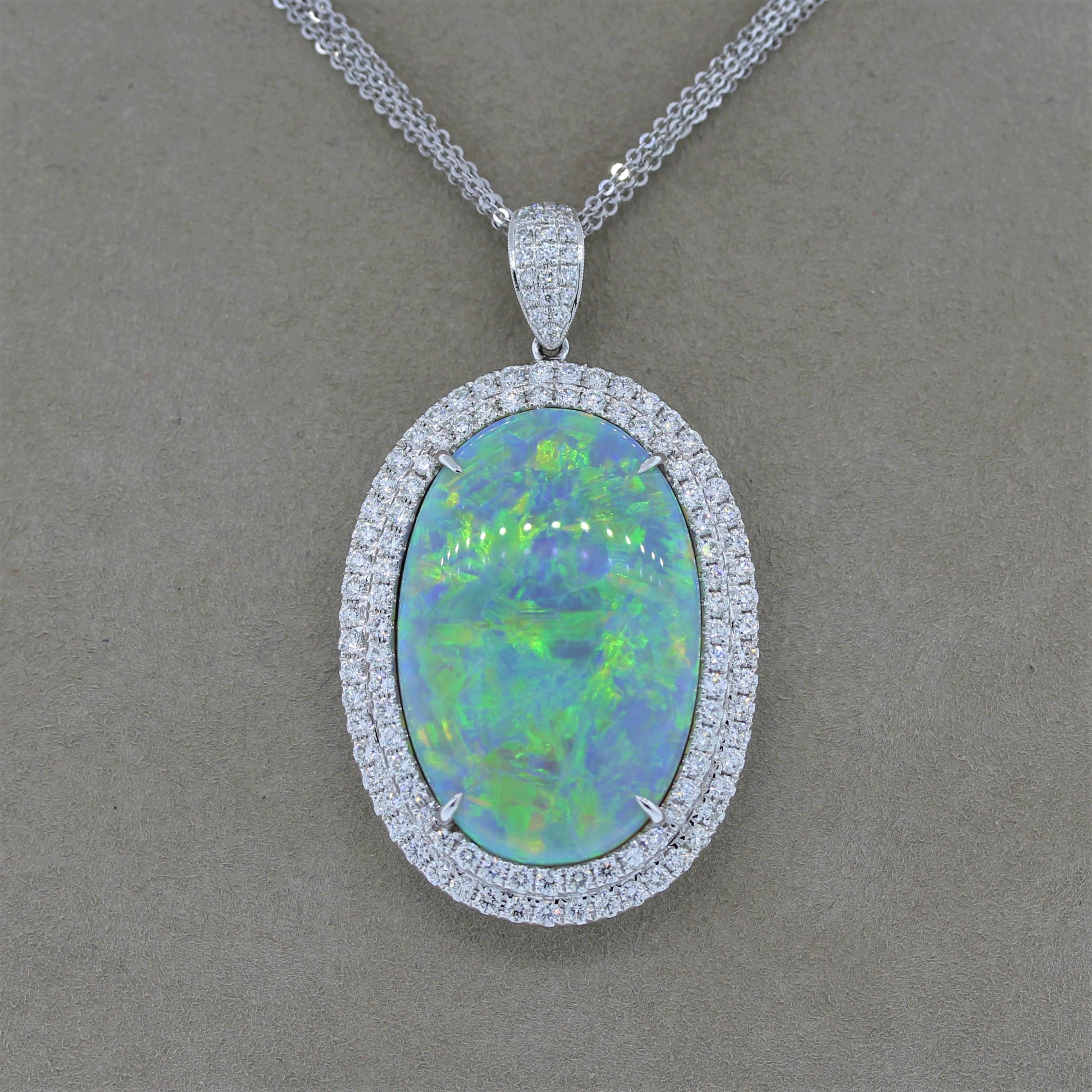 Round Cut Magnificent Australian Opal Diamond Gold Pendant For Sale