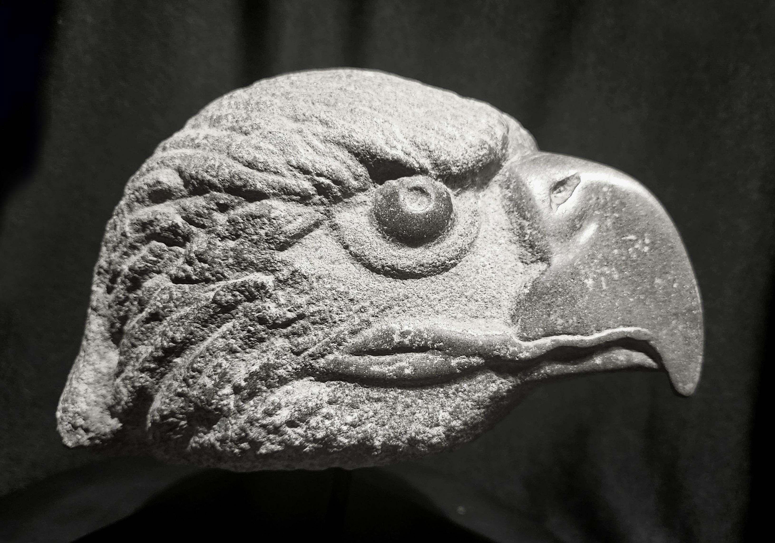 Magnificent Aztec Basalt Eagle head, with powerful hooked beak, piercing 
eyes, and a fully-feathered head.

The sculptor Highlighted the power of the head by finely burnishing the beak and eyes to create a strong contrast with the rough surface of
