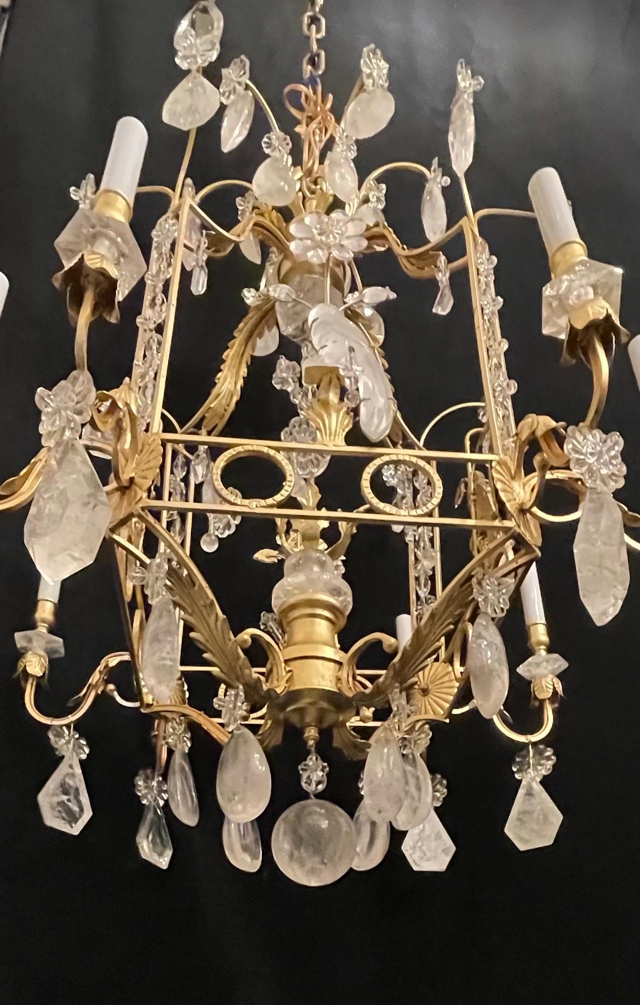 Magnificent Baguès French Rock Crystal Gold Gilt Bird Parrot Cage Chandelier In Good Condition In Roslyn, NY