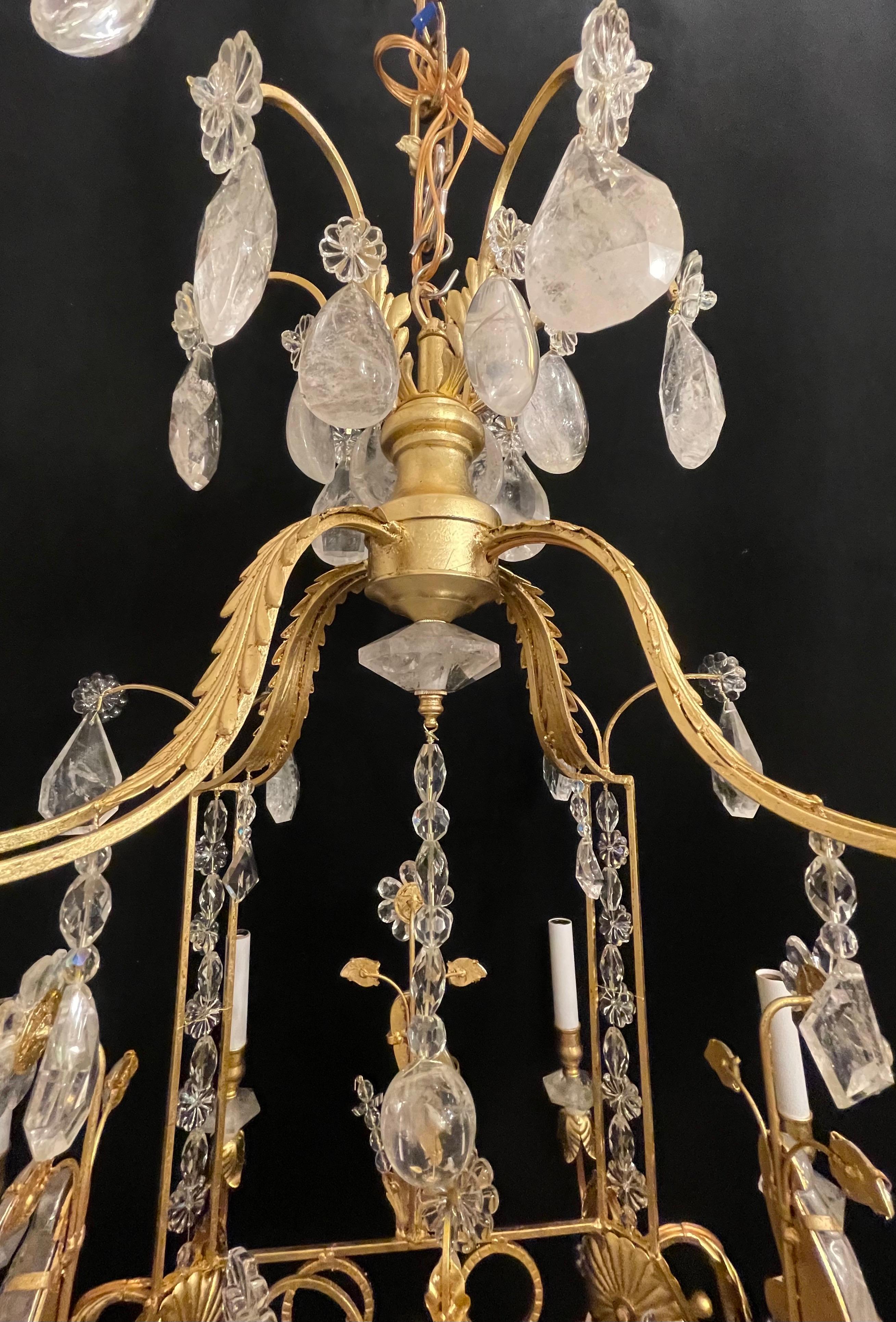 20th Century Magnificent Baguès French Rock Crystal Gold Gilt Bird Parrot Cage Chandelier