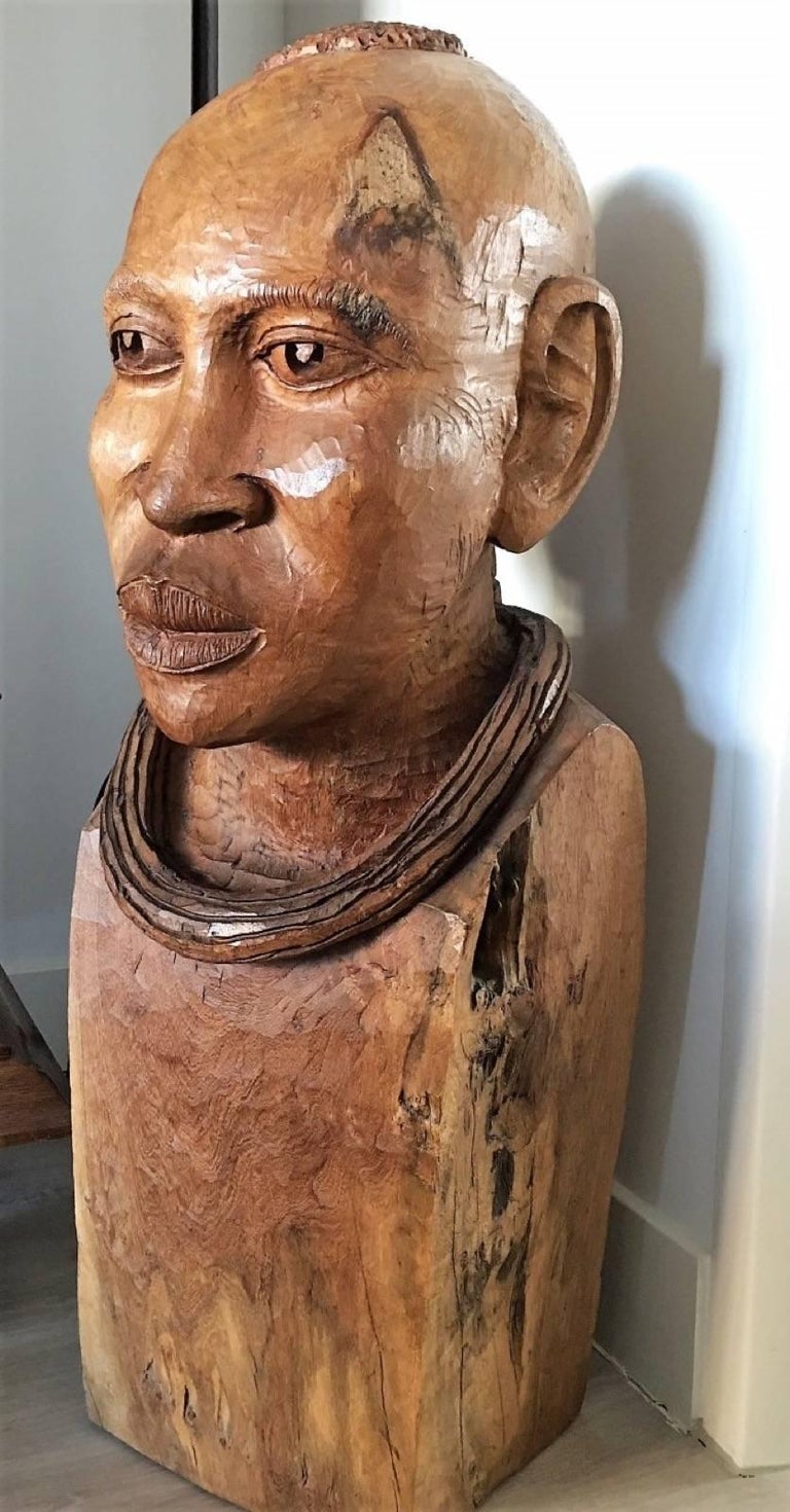 Magnificent Big Wooden African Tribal Chief Head Sculpture For Sale at 1stDibs