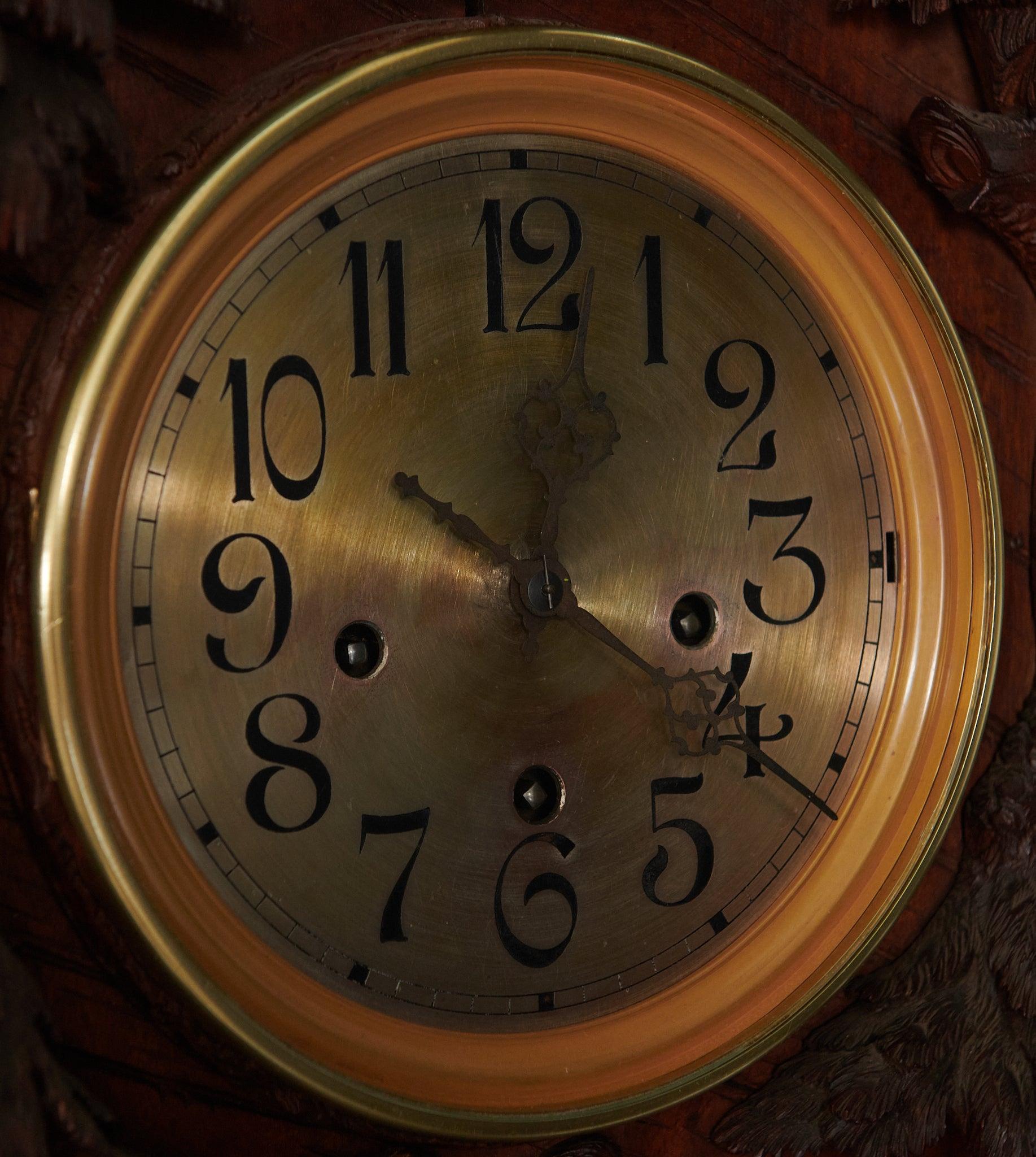 Magnificent Black Forest Carved Walnut Grandfather Clock In Good Condition In Los Angeles, CA